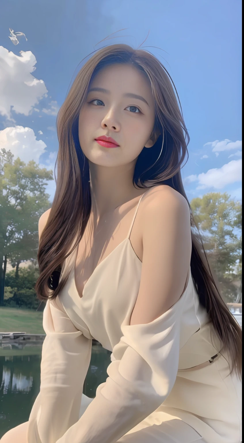 ((Best Quality, 8K, Masterpiece:1.3)), a beautiful girl, pure, melon face, gentle and cute, thin figure, (frontal), (tilted head), looking directly into the camera, [detached sleeves::0], [collared shirt::0], [capri pants::0], black silky long straight hair, long hair flowing over the shoulders, round black big eyes, clear big eyes, moist red lips, sweet, sitting by the pond, blue sky and white clouds, sunshine ,, idyllic background