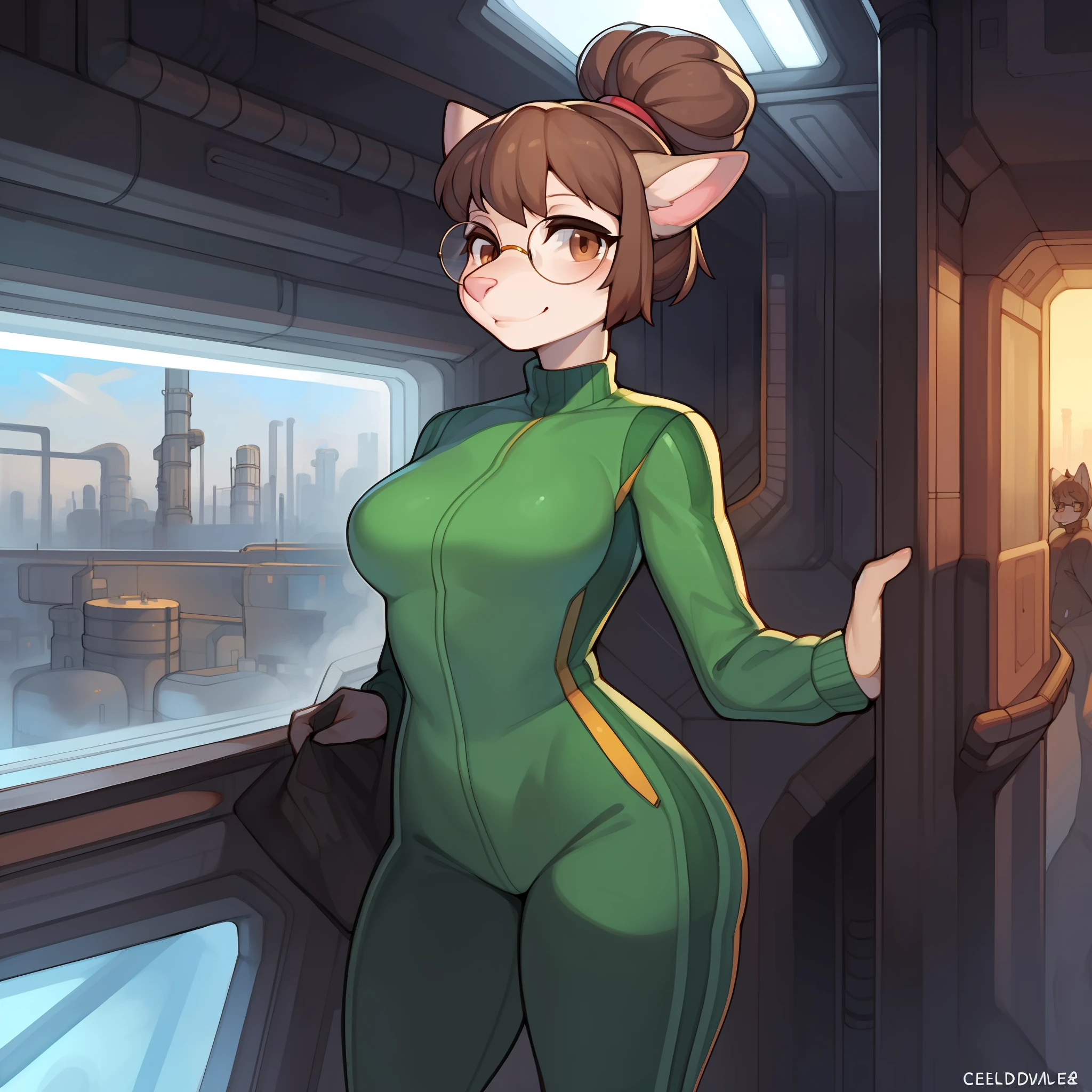 Solo, female, grey fur, brown eyes, detailed eyes, glasses, detailed hands, brown hair, small hair bun, medium breasts, turtleneck, green spacesuit, plain fur, pink nose, lips, snout, standing, spaceship, window, smoggy planet, factories, crowds of people in the background, by buta99, by chelodoy, by spikedmauler, by cervina7