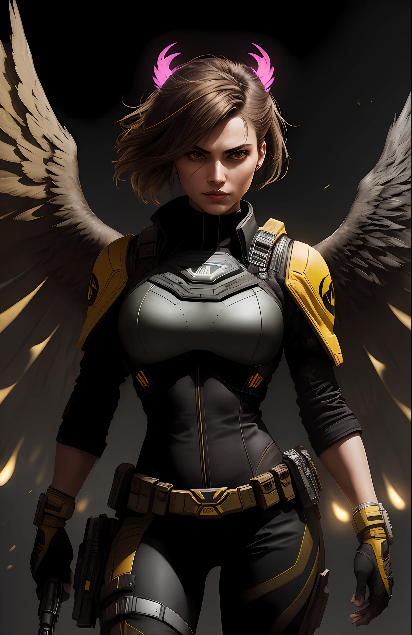 (dark shot: 1.1), epic realistic, Hawkgirl from DC, yellow gradient, black, brown and magenta color scheme, grunge aesthetics!!! graffiti tag wall background, art by Greg Rutkowski and artgerm, soft cinematic light, Adobe Lightroom, darkroom, HDR, intricate, highly detailed, (depth of field: 1.4), faded, (neutral colors: 1.2), (hdr: 1.4), (muted colors: 1.2), hyper-detail (artstation: 1.4), cinematic, warm light, dramatic light (complex details: 1.1)
