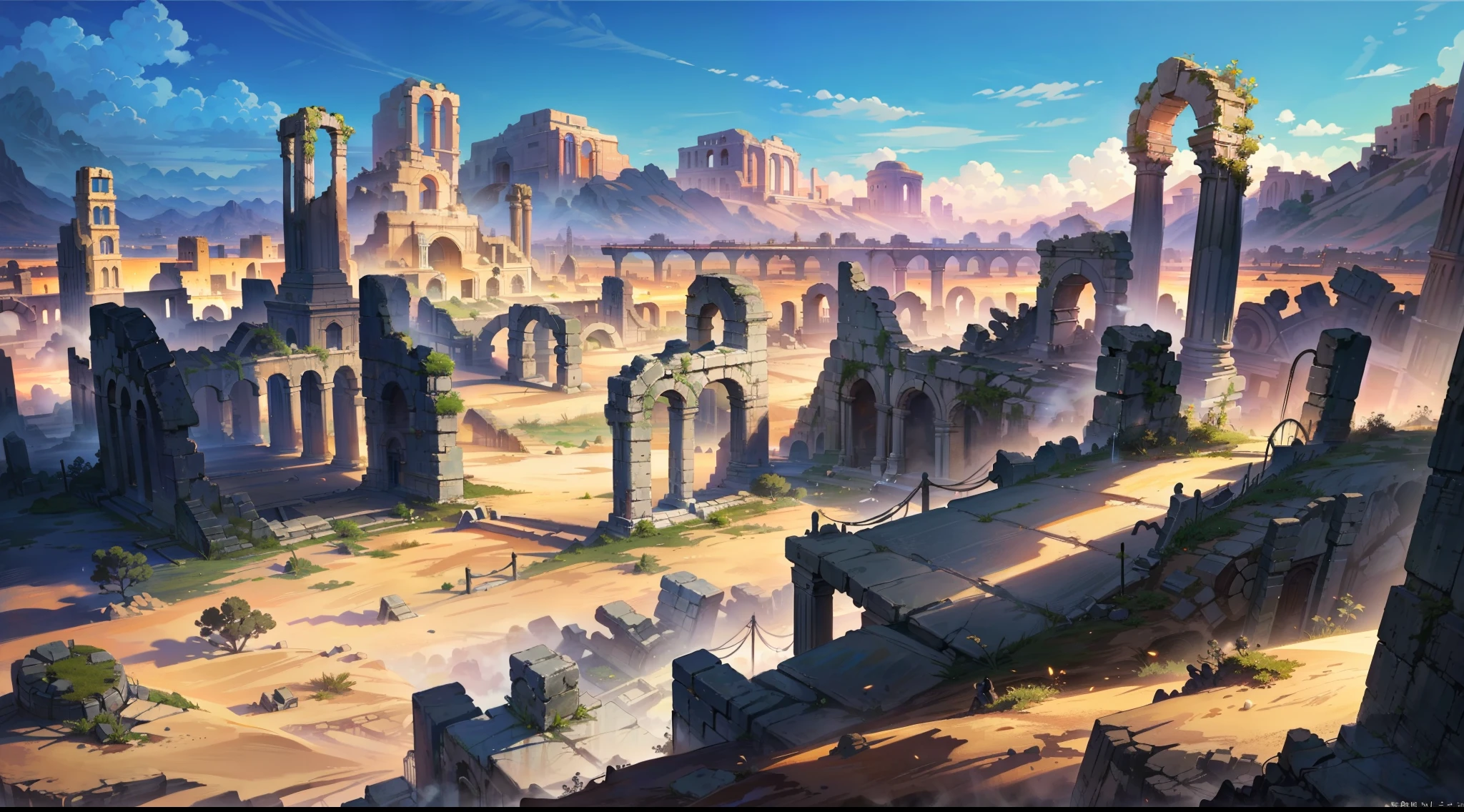 arafed desert scene with a large arch and a few people, ancient ruins background, ruins landscape, ancient ruins, ancient ruins under the desert, anime scenery concept art, ancient city ruins, ancient ruins behind, huge giant old ruins, environment and concept art, environment concept art, ruins on the background, ancient ruins in the background, background is the ruins