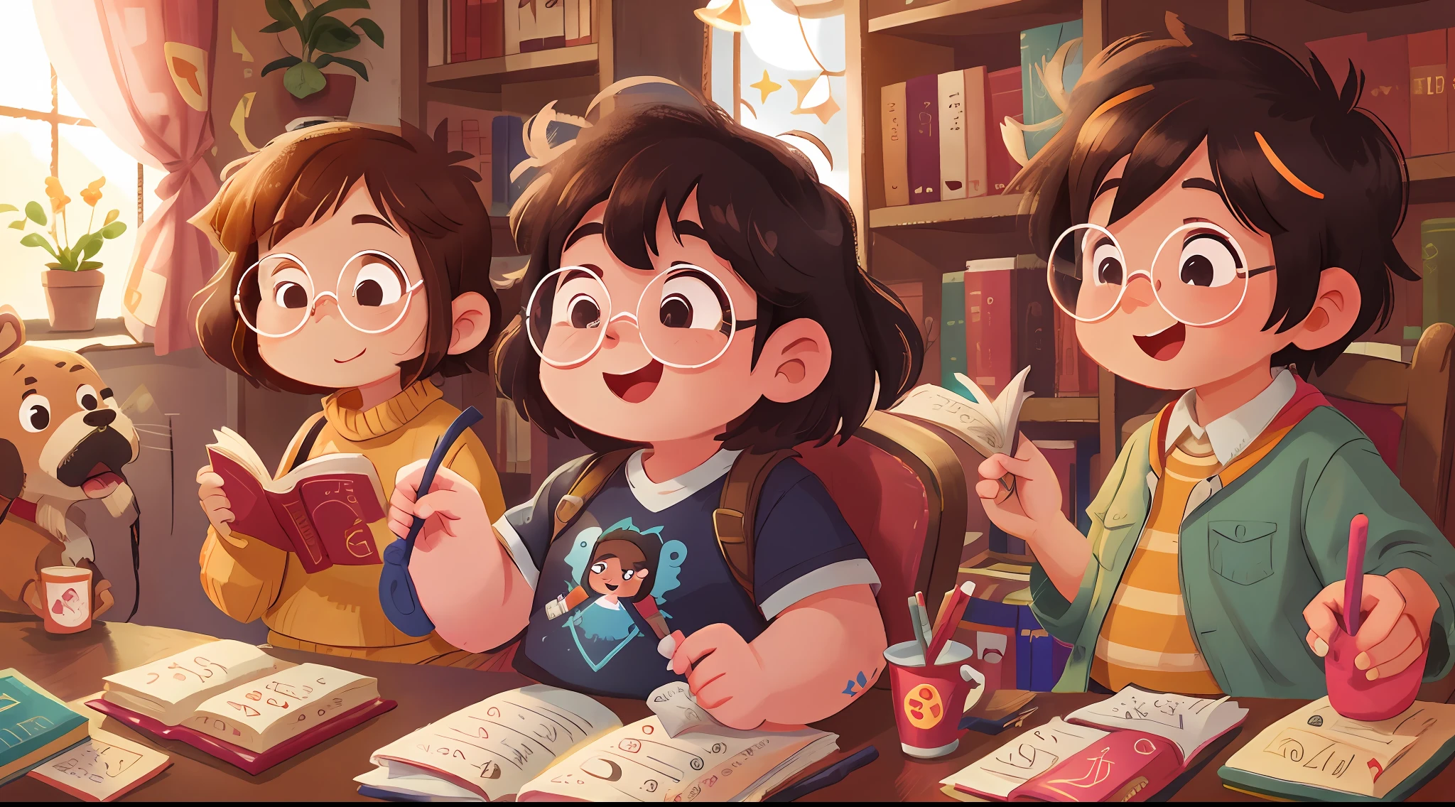 A chubby adult with square glasses,black hair,library, lots of books, happy, happy, perfect quality, clear focus (clutter - house: 0.8), (masterpiece: 1.2) (realistic: 1.2) (bokeh) (best quality) (detailed skin: 1.3) (complex details) (8K) (detail eyes) (sharp focus), (happy) full body, sitting armchair, clean bottom, long vision composition, 85MM SHOT