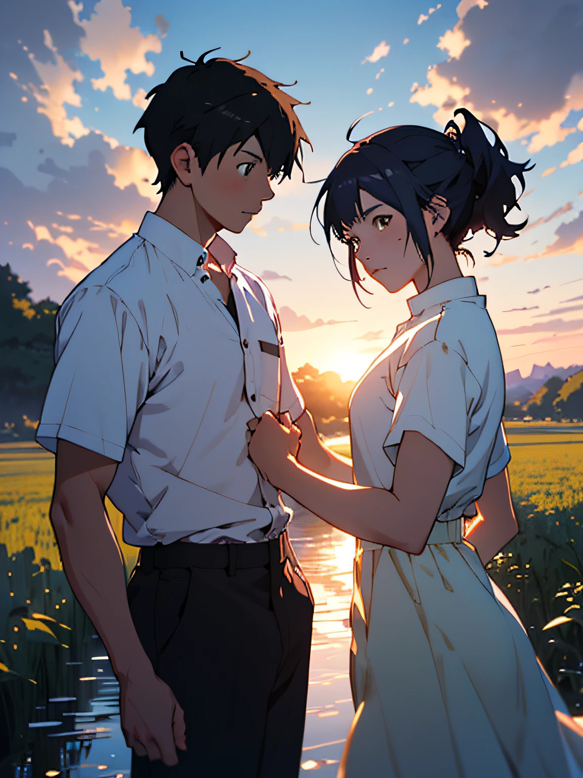 Anime couple walking in the field, (boy + girl), watery big eyes, (delicate and beautiful facial features), is the ultimate gentle beauty, the romantic atmosphere is very strong, the two (hand in hand) walking head-on, (from far and near), (facing the audience), (character shot close-up)), the boy looks at the girl affectionately and tenderly, ((behind is a beautiful sunset)), (girl white shirt with red skirt), (boy white T-shirt with black pants), exquisite clothing, beautiful, delicate, beautiful, Charming and moving, girl hair coiled behind her head, (coiled hair), messy bangs, big watery eyes, light brown eyes, fields dominated by (((amber)) and golden yellow, official art, guweiz and Makoto Shinkai, by Hiroshi Yamagata, Sakimichan and Makoto Shinkai, by Nobuta Yanagawa, style in Ghibli animation style, fiona staples and Makoto Shinkai, style by Makoto Shinkai, masterpiece, master painting, HD, 8K resolution