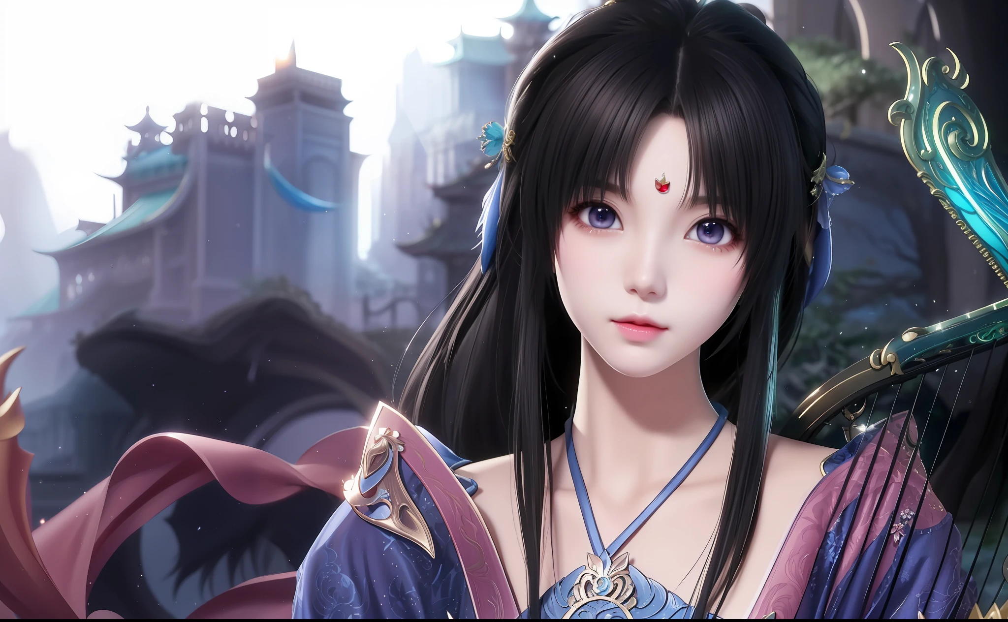 A close-up of a woman with long hair and a harp, Xian Xia Fantasy, inspired by Li Meishu, 2. 5d CGI anime fantasy artwork, anime fantasy illustration, beautiful character drawing, fantasy style anime, anime fantasy artwork, beautiful fantasy anime, beautiful fantasy queen, smooth anime CG art, beautiful anime woman, ((beautiful fantasy queen)), melon face