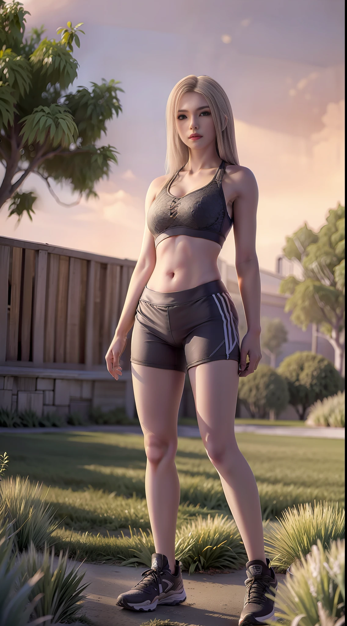 Ultra High Resolution, Realistic, Photo Realistic, Imagination, (Reality), Clear Sky, Composition, Sunrise, (HDR:1.5), Outdoor, Intricate Detail, Sports Bra, Sports Shorts, Abs, Full Body Muscles, 8K, Standing, Full Body, Sneakers, Looking at the Audience, Red Lips,