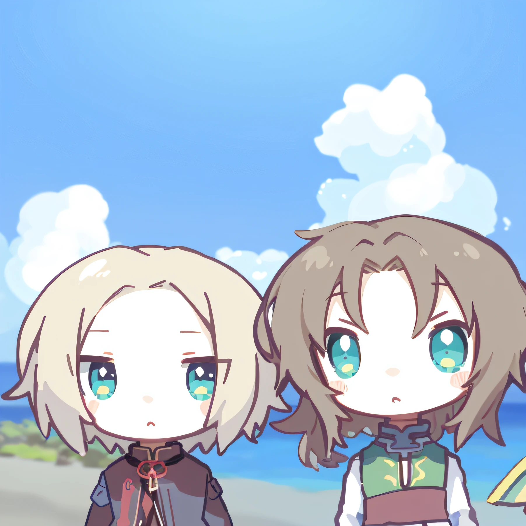 anime characters standing next to each other on a beach, chibi, loli, by Ei-Q, petros and leonid, anime chibi, eyes in the style of nendoroid, [ [ soft ] ], ghutra and egal, zerochan, art style of rune factory 5, last exile anime, [ floating ]!!