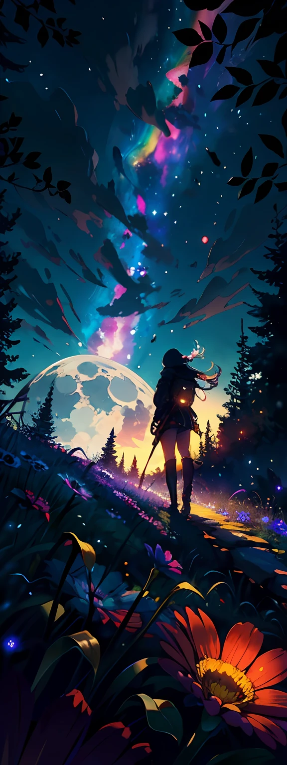 A wide landscape photo, (viewed from below, the sky is above, and the open field is below), a girl standing on a flower field looking up, (full moon: 1.2), (meteor: 0.9), (nebula: 1.3), distant mountains , Trees BREAK Crafting Art, (Warm Light: 1.2), (Firefly: 1.2), Lights, Lots of Purple and Orange, Intricate Details, Volumetric Lighting BREAK (Masterpiece: 1.2), (Best Quality), 4k, Ultra Detailed, (Dynamic Composition: 1.4), Rich in Detail and Color, (Rainbow Color: 1.2), (Glow, Atmospheric Lighting), Dreamy, Magical, (Solo: 1.2)