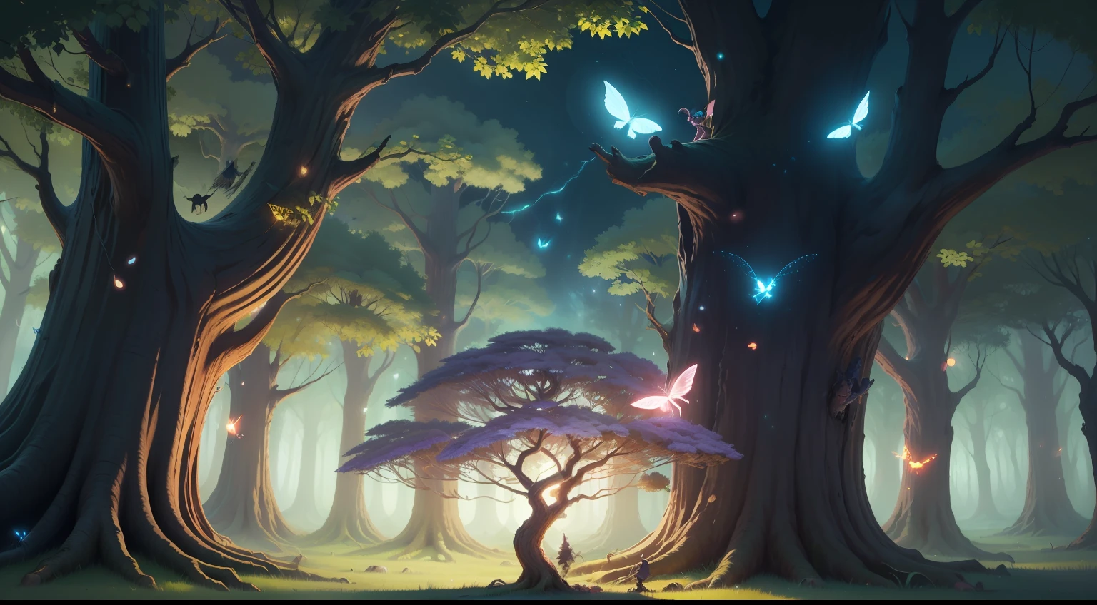 enchanted forest, flying fairies, fireflies, colored lights, big tree