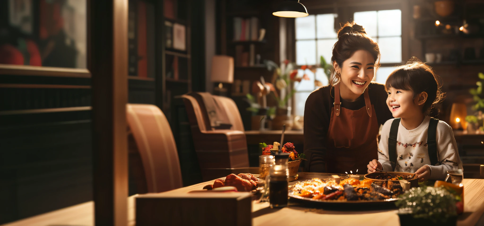 there is a woman and a child sitting at a table with food, photo still, shutterstock, warm and joyful atmosphere, stock image, istock, portrait shot, food commercial 4 k, family dinner, photo taken with nikon d750, photo taken with nikon d 7 5 0, photoshot, advertising photo, a still of a happy, high picture quality