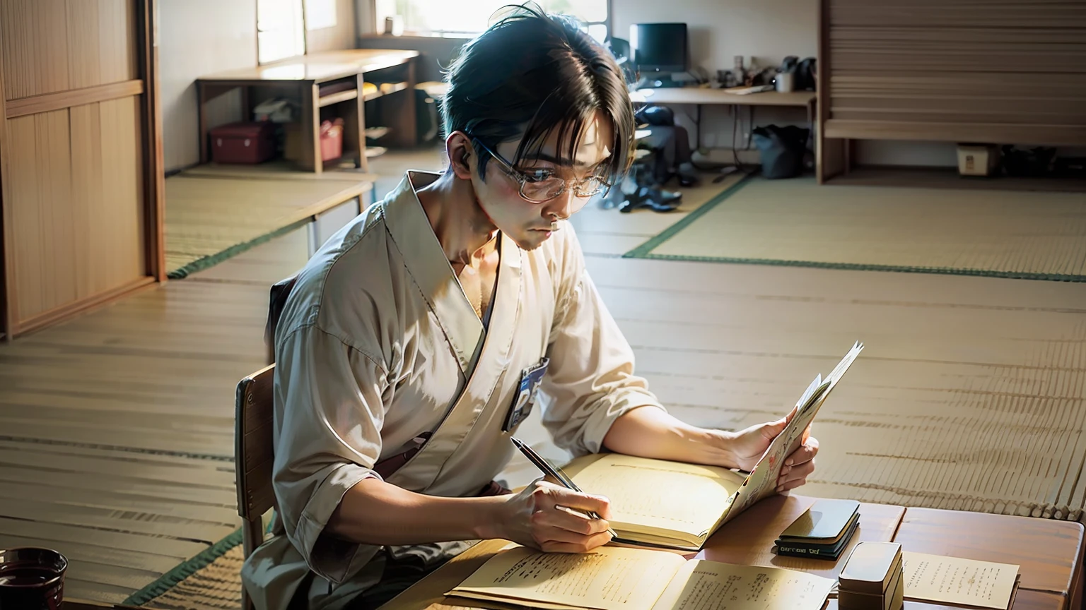 Japan male college students looking at notes in a Japanese-style room