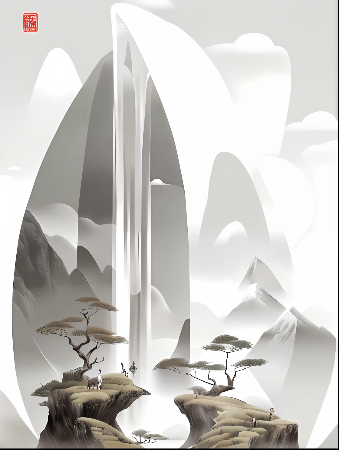 there is a poster with a picture of a mountain and a waterfall, an ultrafine detailed painting inspired by Xiao Yuncong, behance contest winner, ecological art, poster illustration, a beautiful artwork illustration, chinese surrealism, floating mountains, artwork in style of sheng lam, chinese painting style, beautifully illustrated, chinese fantasy, illustrated poster, surreal water art