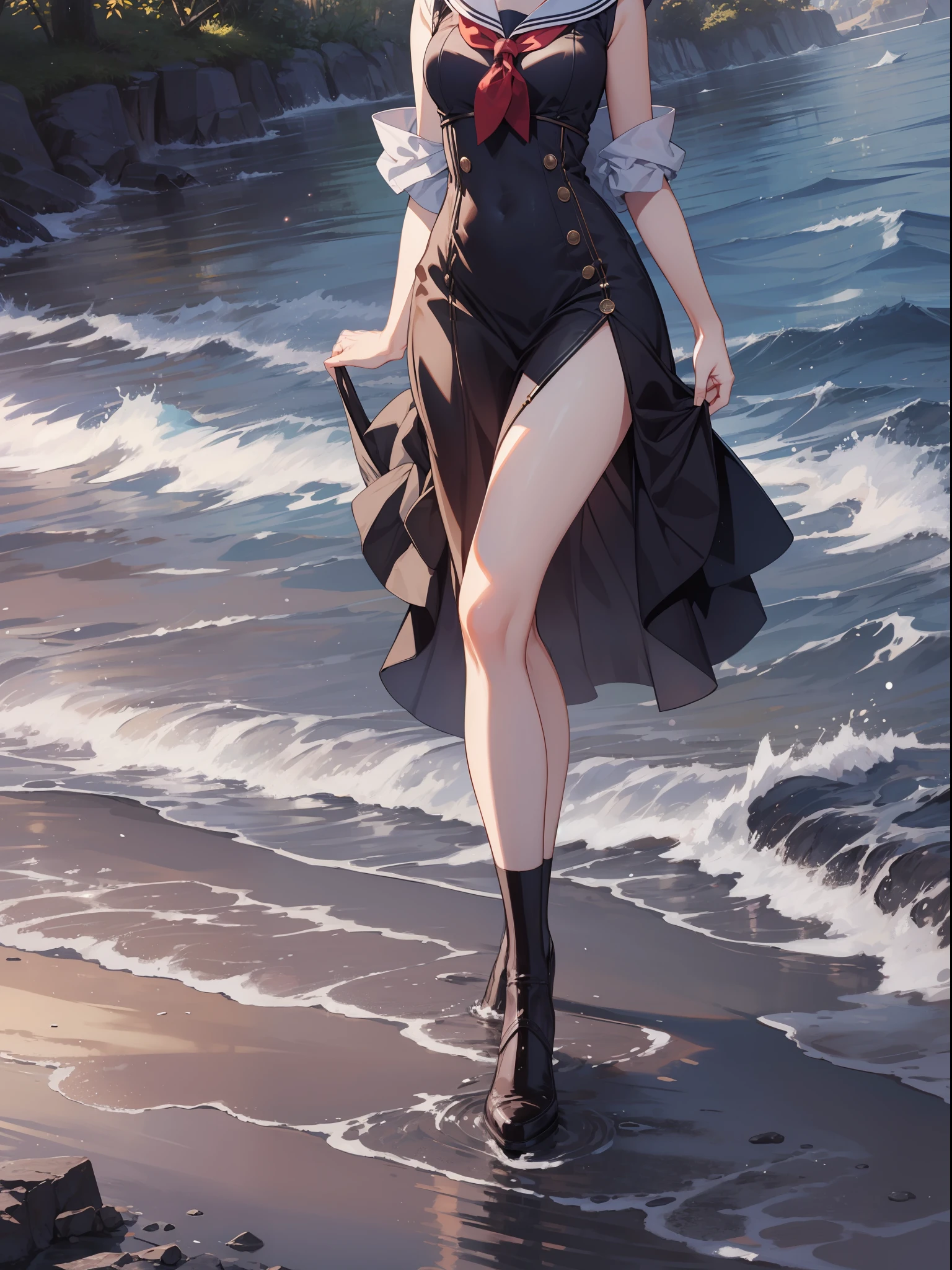 Slender Beautiful Girl, Alone, Sailorsk Water, High Resolution, Top Quality, Fine Detail, No Blushing Cheeks, Knee High, Dynamic Angle
