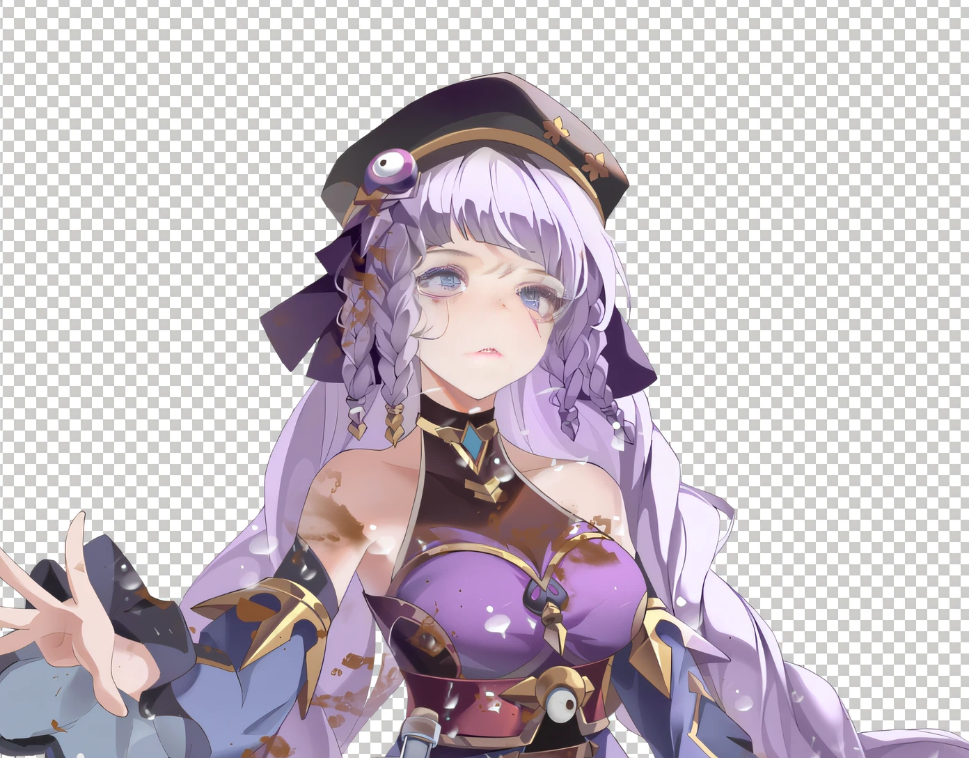 Aggrieved expression, deep purple eyes, with tears