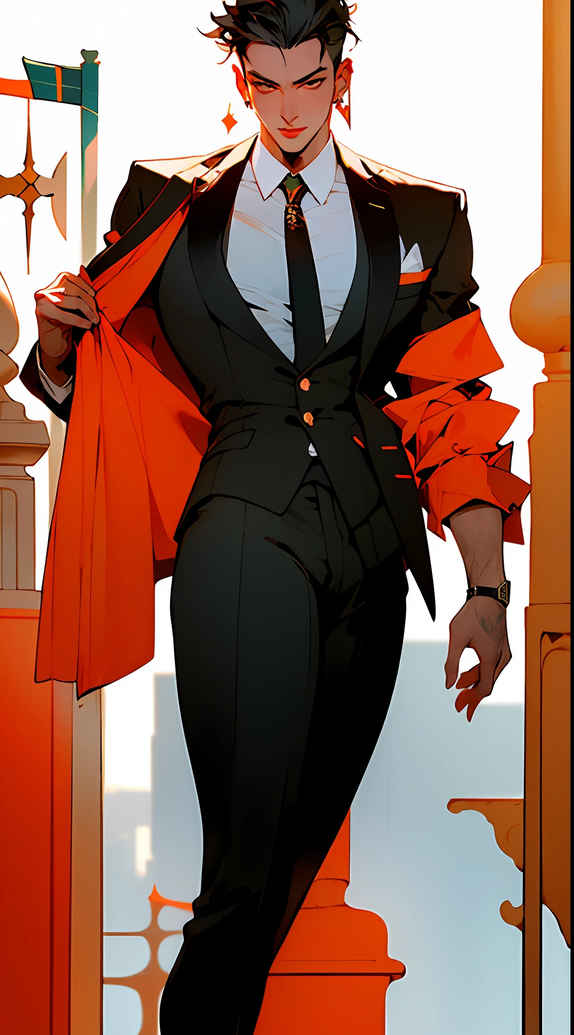 ((Masterpiece, Essential, Gangster Aesthetic)), 1 male solo, bust shot, (handsome eyes), Shun Oguri (1.5) (black Zhongshan suit), crimson background (black back), (formal wear), sexy man, earrings, white skin, standing, (masterpiece, top quality, best quality),
