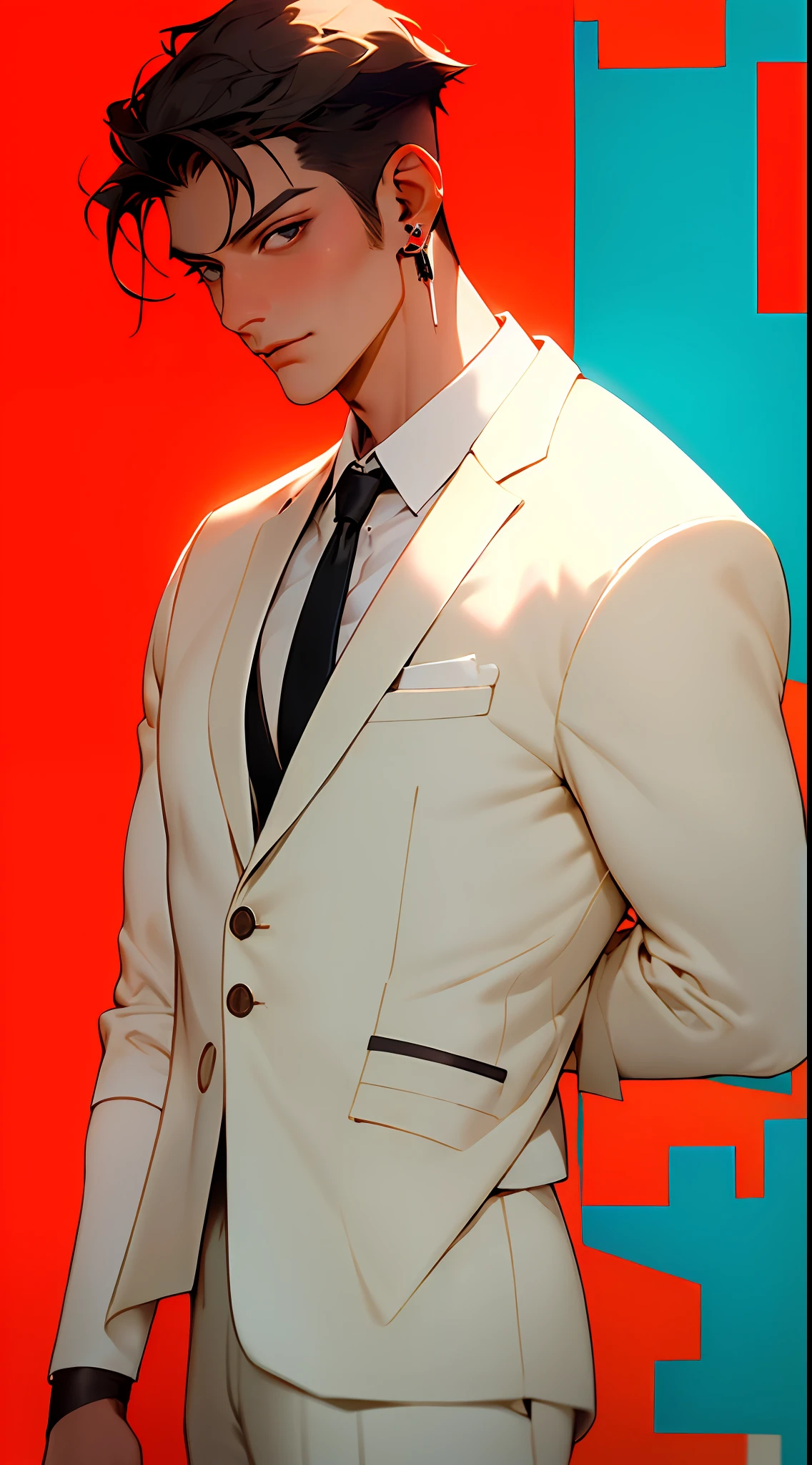 ((Masterpiece, Superb Business Negotiation Aesthetics)), 1 male solo, close-up, (Determined eyes), (Black blazer, white shirt, tie, trousers), Red background (short black hair), (Formal wear), Mature man, (Clear facial features, detailed skin texture, handsome face), white background, earrings, white skin, standing, (Masterpiece, top quality, best quality),