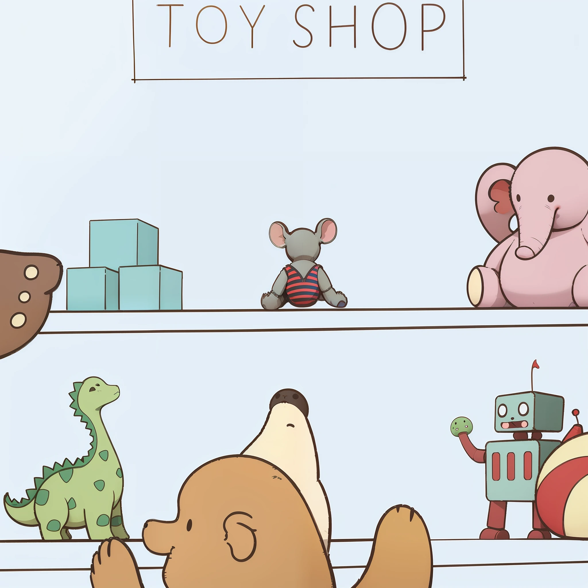 A little bear looks up at the toys on the shelf, and there are little mouse dolls on the toy cabinet, little dinosaurs, robots, baby elephant dolls