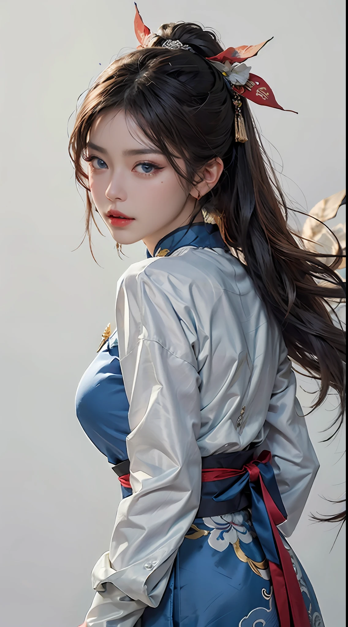Masterpiece, traditional Chinese ink painting, a 28-year-old fairy in a colorful ao dai, long hair, hair and antique jewelry, hair brooch, the most beautiful and detailed face, blue eyes, feathers thin eyebrows, very meticulous and delicate makeup eyelashes, looking at the viewer, breasts are enlarged, breasts are big and round, arms crossed behind back, hanfu style, (dunce style: 1.8), Linh, loong, Dunhuang_cloth, UHD dragon horn, Flying dragon, upper body, 4k, best quality, super detail, winning award, high quality, best quality, high detail, dunhuang_fan, dunhuang_dress, dunhuang_background , highest quality, 8k quality, super realistic, FHD quality, 8k ultra FHD, fantasy style