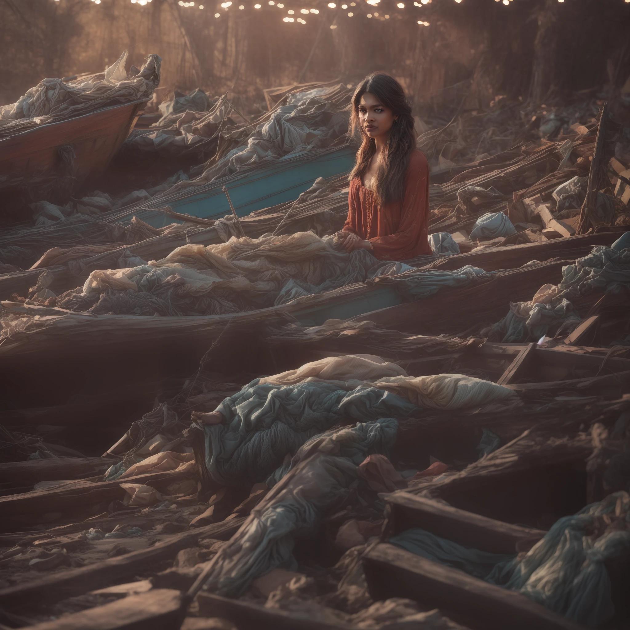Indian Bollywood actress in the style of nocturne, dreamy atmosphere, dark cyan and red, i can't believe how beautiful this is, serene atmosphere, piles/stacks, flickering light, epic realistic, broken old boat in big storm, illustrated by herg, style of tin tin comics, pen and ink,art by greg rutkowski and artgerm, soft cinematic light,hdr, intricate, highly detailed, (depth of field:1.4), faded, (neutral colors:1.2), (hdr:1.4), (muted colors:1.2), hyperdetailed, (artstation:1.4), cinematic, warm lights, dramatic light, (intricate details:1.1), complex background, (rutkowski:0.66), (teal and orange:0.4), (intricate details:1.12), hdr, (intricate details, hyperdetailed:1.15) (skin texture:1.2)