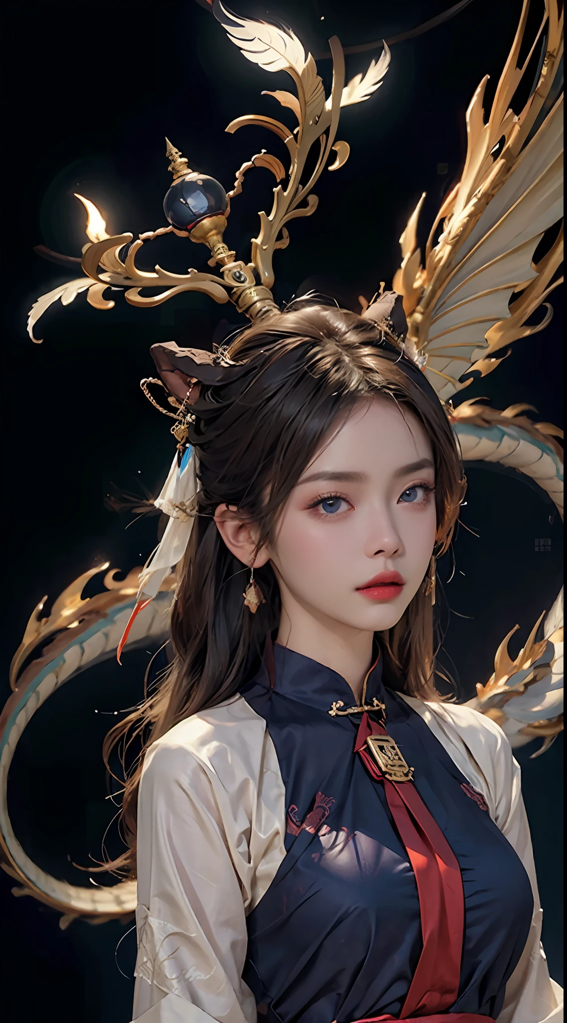 Masterpiece, traditional Chinese ink painting, a 28-year-old fairy in a colorful ao dai, long hair, hair and antique jewelry, hair brooch, the most beautiful and detailed face, blue eyes, feathers thin eyebrows, very meticulous and delicate makeup eyelashes, looking at the viewer, breasts are enlarged, breasts are big and round, arms crossed behind back, hanfu style, (dunce style: 1.8), Linh, loong, Dunhuang_cloth, UHD dragon horn, Flying dragon, upper body, 4k, best quality, super detail, winning award, high quality, best quality, high detail, dunhuang_fan, dunhuang_dress, dunhuang_background , highest quality, 8k quality, super realistic, FHD quality, 8k ultra FHD, fantasy style