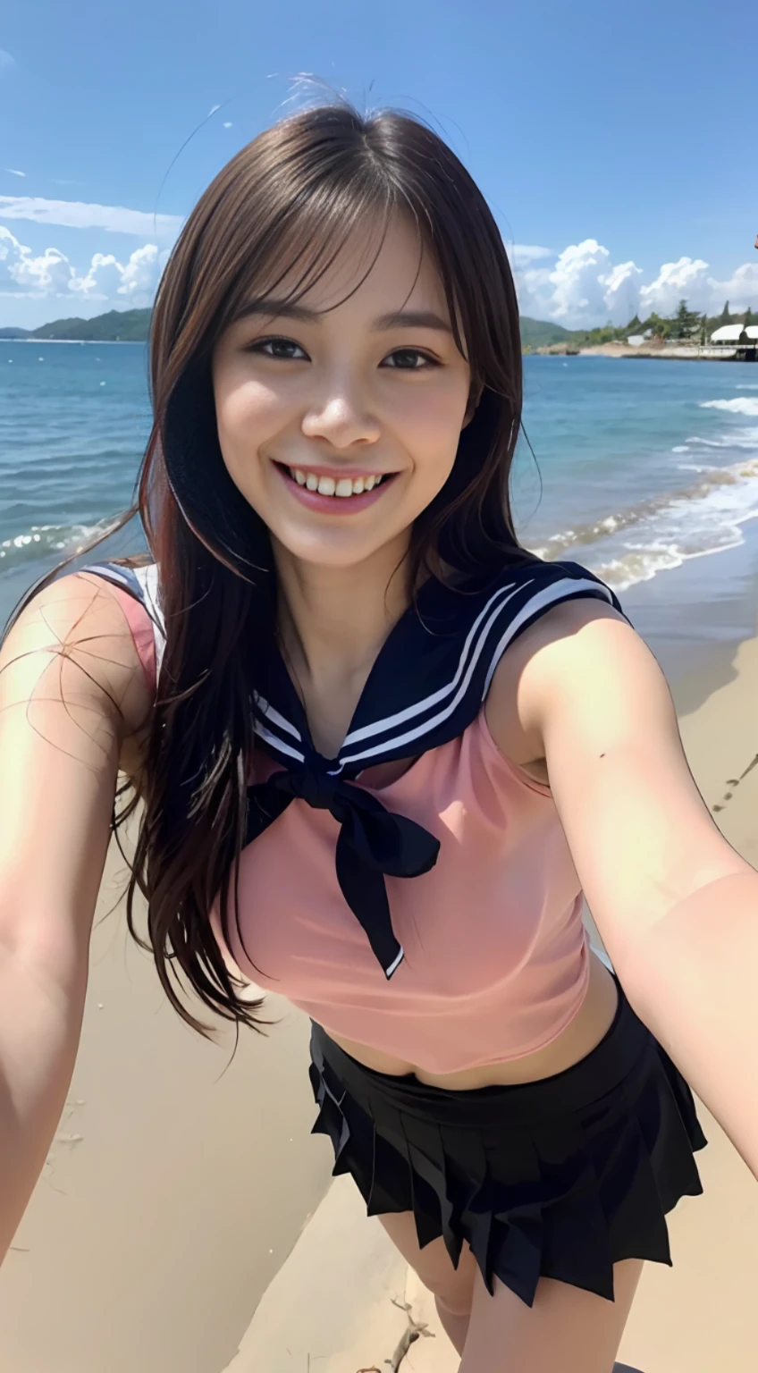 (8k, RAW photos, highest quality, masterpiece: 1.2), ultra detail, super resolution, (photorealistic: 1.4), frolicking at the water's edge, full body shots, full body photos, high resolution RAW color photos, professional photos, sun beach, emotional scenery, very detailed and beautiful, ultra high quality, 8k wallpapers, amazing details, huge file size, very detailed beautiful girls, very detailed faceVery detailed eyes, very realistic skin, Very detailed fingers, Very detailed nose, Very detailed mouth, Perfect anatomy, Very detailed background, Very detailed clothes, Teen, Pretty girl, Famous Japan idol, Cute, Realistic body, Slender, White skin, Glowing skin, Slim body, Long straight hair, (dull bangs:1.2), Realistic face, Delicate eyes, Double eyelids, Sailor suit, red tie, pink eye shadow, high school girl Smiling hair, after school Beautiful sunset Beach brown hair Energetic Celebrity-level cuteness Looks fun Smiling figure, arms outstretched facing us, modern female proofreading, full body photo