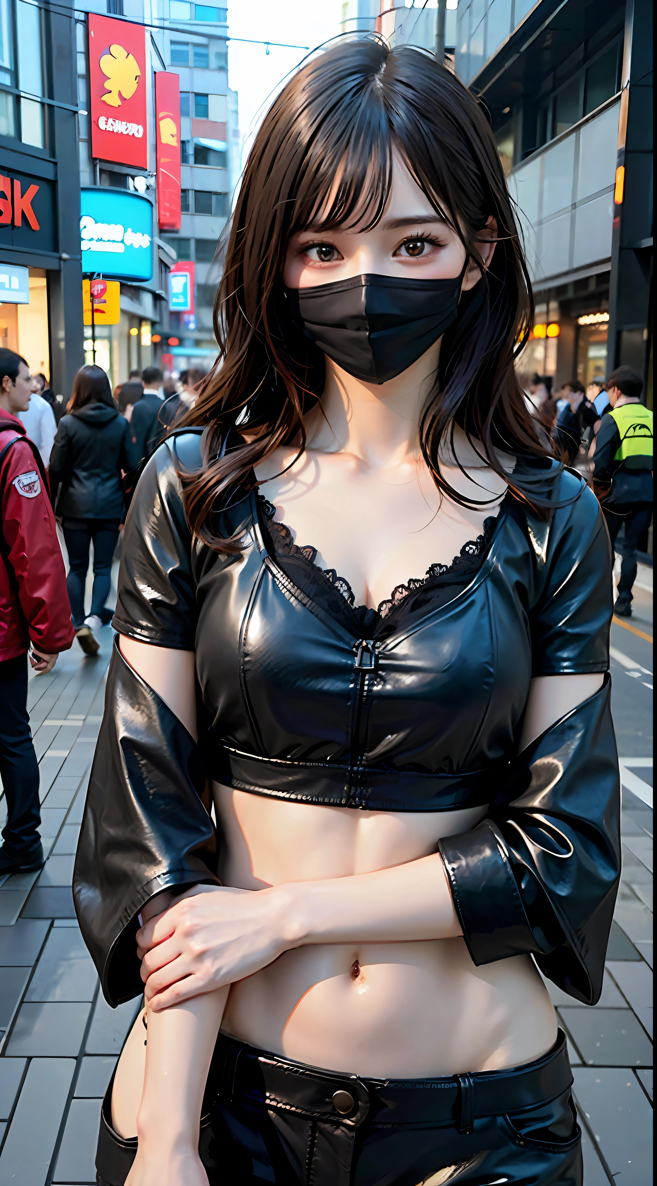 ((Best Quality, 8K, Masterpiece: 1.3)) ((Realistic lighting, top quality, 8K, masterpiece: 1.3)), clear focus: 1.2, 1 girl, perfect body beauty: 1.4, city street, ultra-fine face, narrow eyes, double eyelids, Japan people 15 years old, there is a woman in a black cat suit and mask, (anime girl cosplay: 0.7 + cyberpunk + goth ninja: 0.8 + black leather, leather strap, black leather bra, leather sleeves, 2b:0.8 from Mask + Nier Automata), captivating cyberpunk dark fantasy background, dim rays, dark shadows, metallic glossy streaks, sheer shadows, slow shutter speed effect, canon 8d.f1.5