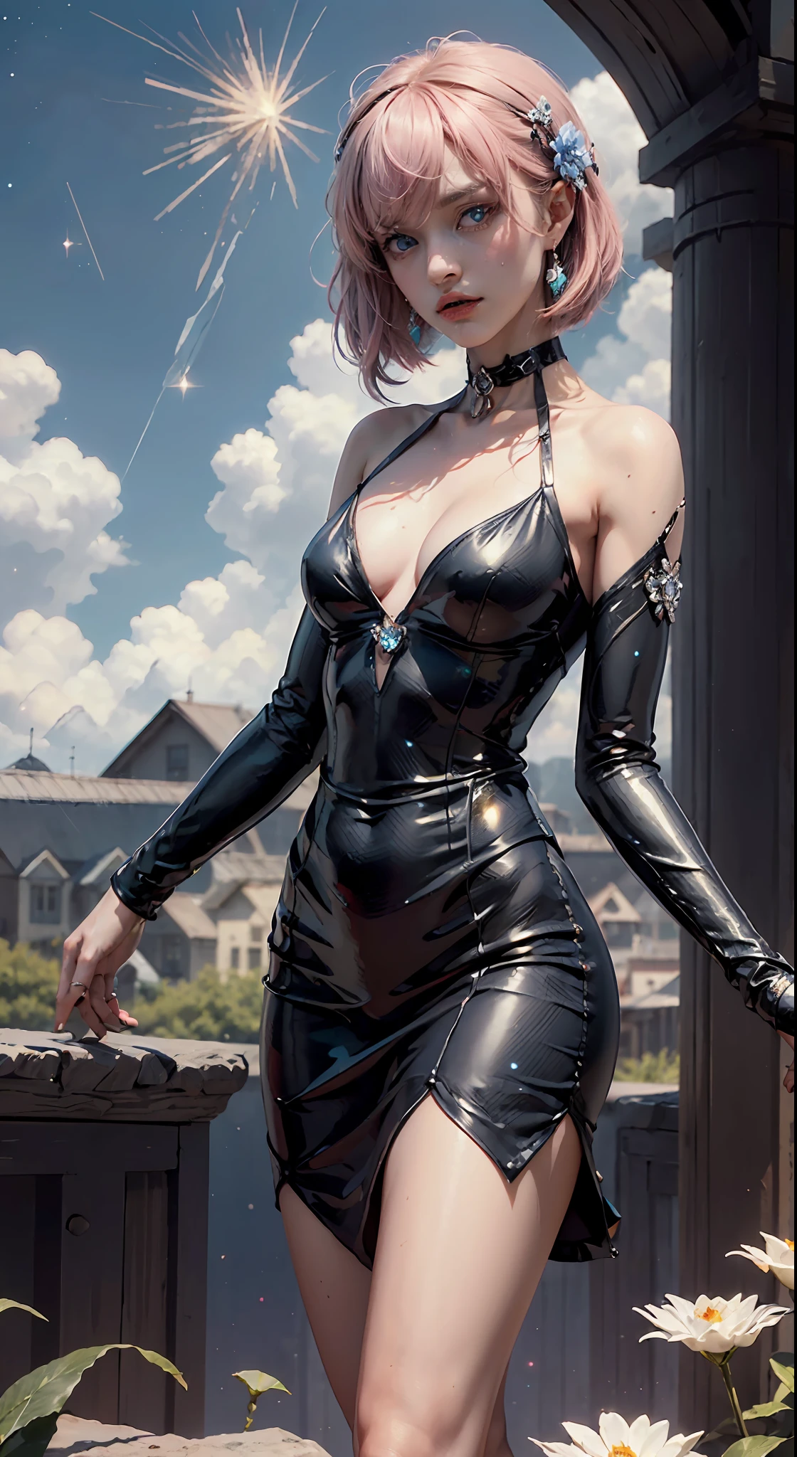 [(white background:1.5)::5], (rich in details), masterpiece, (crystal decoration, crystal pattern), (scary atmosphere), Tindal effect, (balance and harmony between everything), skinny beauty, Absurd, plasma, particle effects, crystal clear textures, star_\(sky\), space, starry sky, milky way, standing on a platform, ((masterpiece)), breasts, looking at_audience, short hair, multicolored_ eyes, Pink hair, bangs, blue eyes, (length locks: 1.4), (ribbon earrings), clavicle, white_shirt, long_sleeves, choker, flower, blue camera, blue_skirt, blue_flower, critical angle