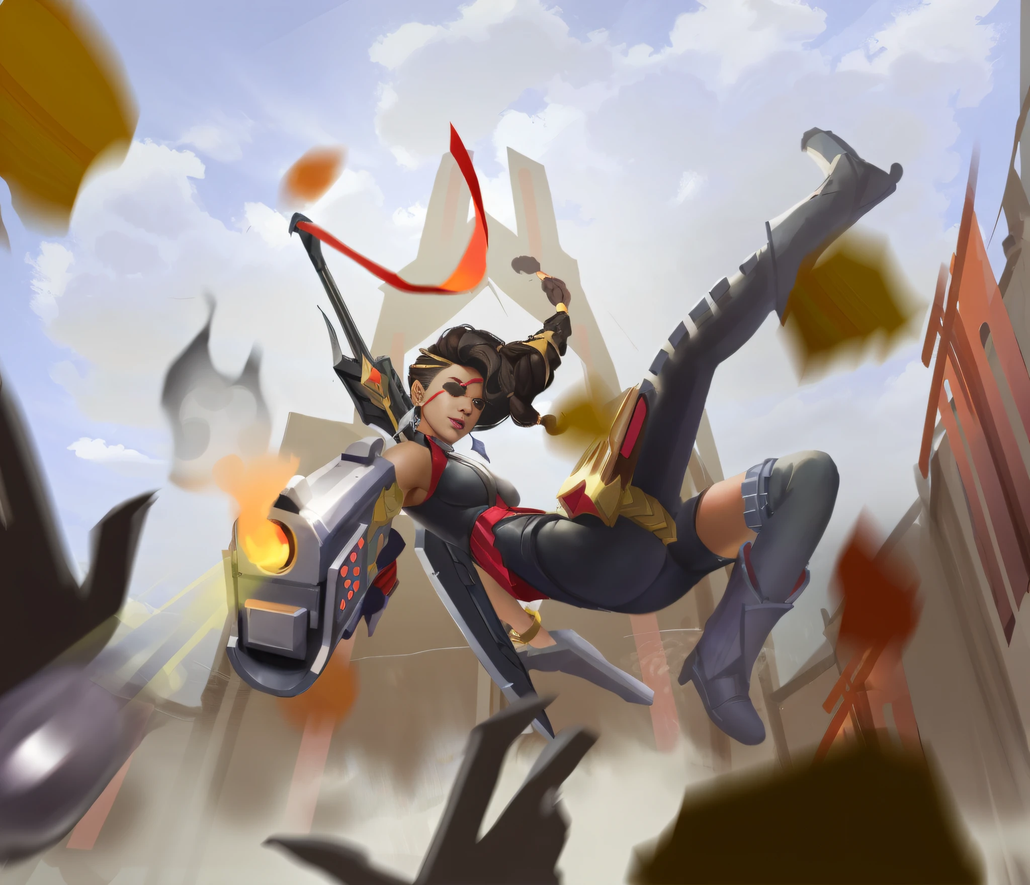 ((Best Quality, Masterpiece)), anime-style picture of a woman flying in the air with a gun flying, bullets flying with flames, smoke on the ground below, clear sky League of Legends Samira fan art, League of Legends illustration, League of Legends style art, 2. 5D CGI Anime Fantasy Artwork, Epic Fantasy Digital Art Style, League of Legends Art, League of Legends Arcane, Artgerm and Genzoman, Fantasy Art Behance, League of Legends Art Style, Aly Fell and Artgerm