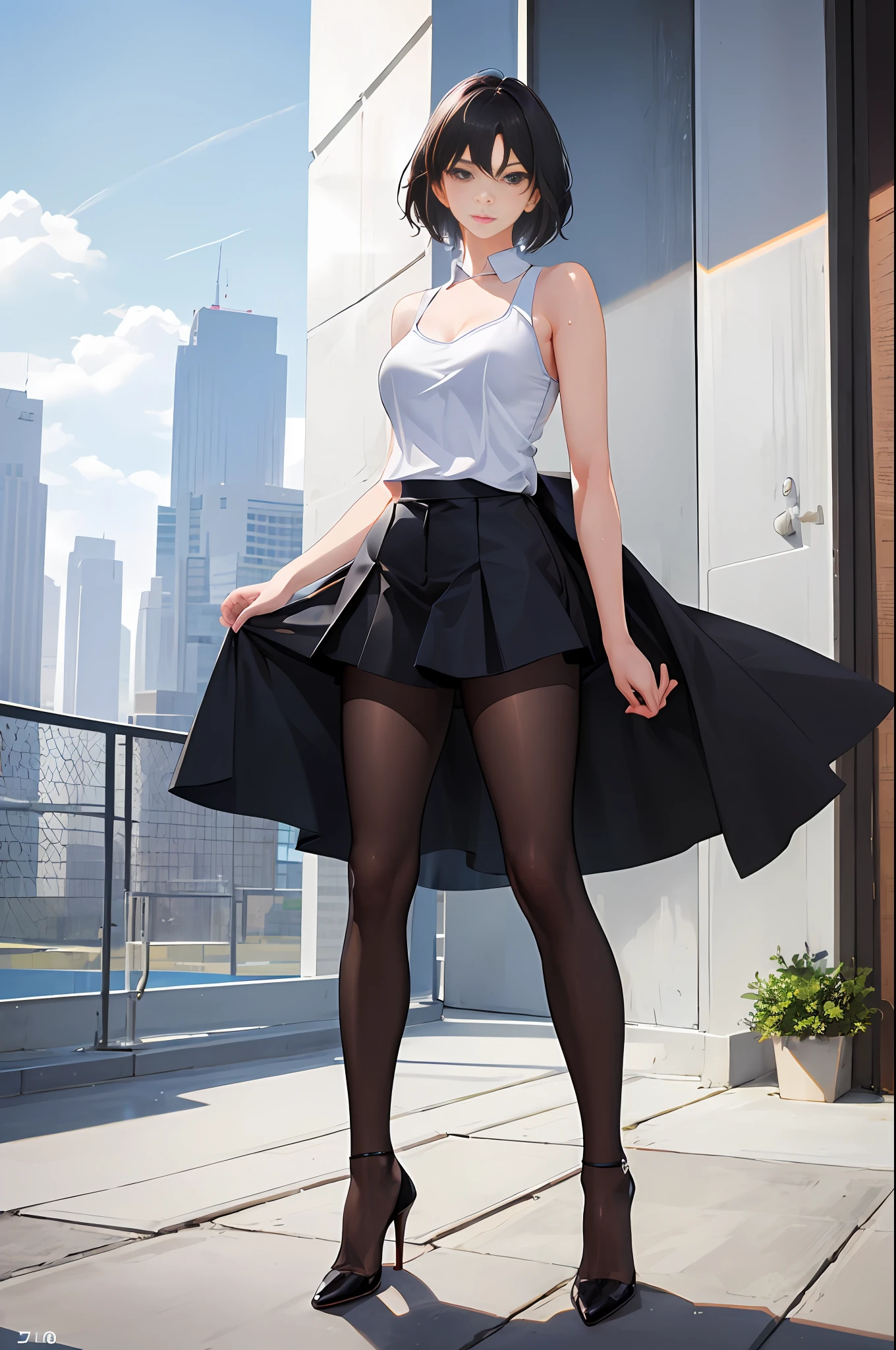 1girl, solo, full body portrait, white camisole vest, high heels, tennis wear, gray pantyhose, masterpiece, best quality, realistic, ultra-detailed, (shiny skin, sweating: 1.4), looking at the audience, light blue short hair, red eyes, slender, dynamic light and shadow, high resolution, sharp focus, depth of field, fine eyes, pupil sharp, pupil realistic, (C cup: 1.2), (skin white: 2.0), (long legs: 1.8), (clothes transparent: 1.5), outdoor, sky