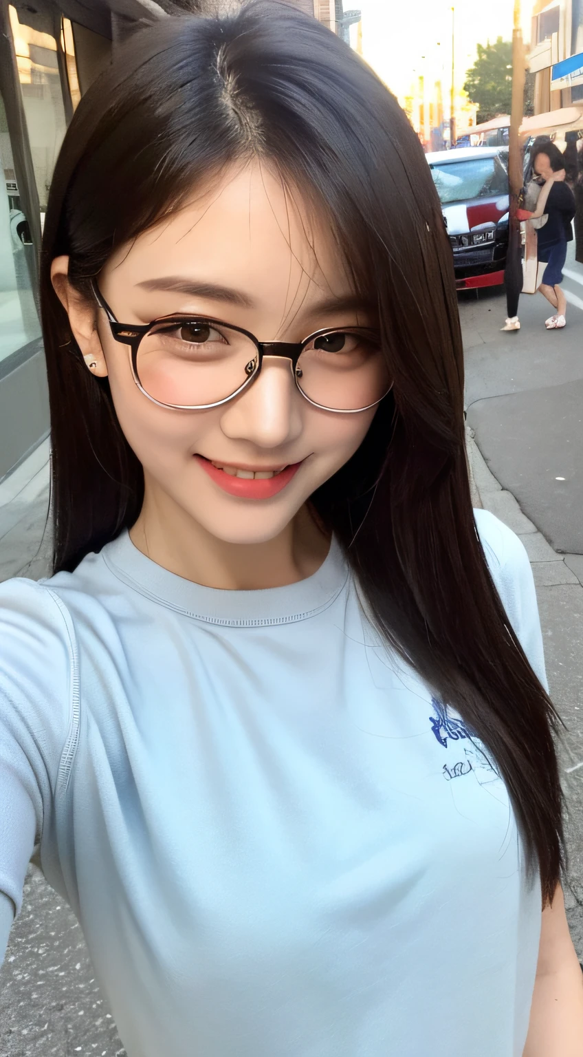 ((Best Quality, 8K, Masterpiece: 1.3)), 1 Girl, Slim Abs Beauty: 1.3, (Hairstyle Casual, Small: 1.2), Dress: 1.1, Super Slender Face, Delicate Eyes, Double Eyelids, Smile, Street, Glasses