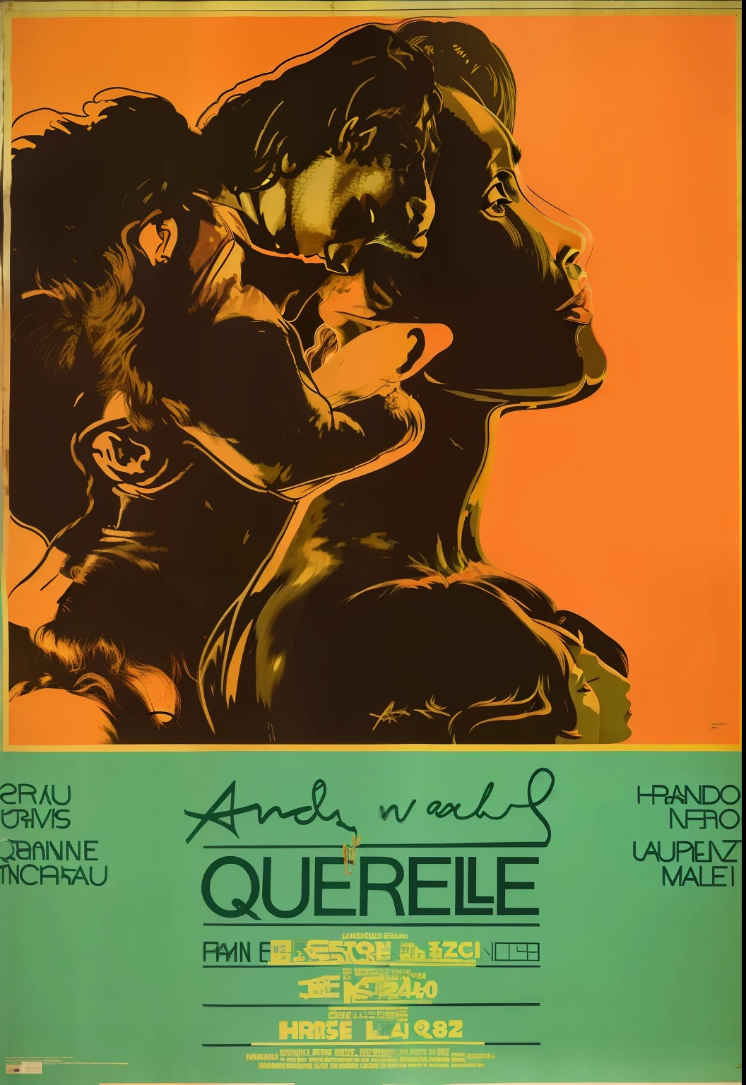 a close up of a poster with a man and a woman kissing, quentin mabille, by Andy Warhol, 60's french movie poster, 6 0's french movie poster, by François Quesnel, 6 0 s french movie poster, inspired by François Quesnel, by Andrée Ruellan, by Warhol, by Arnold Mesches