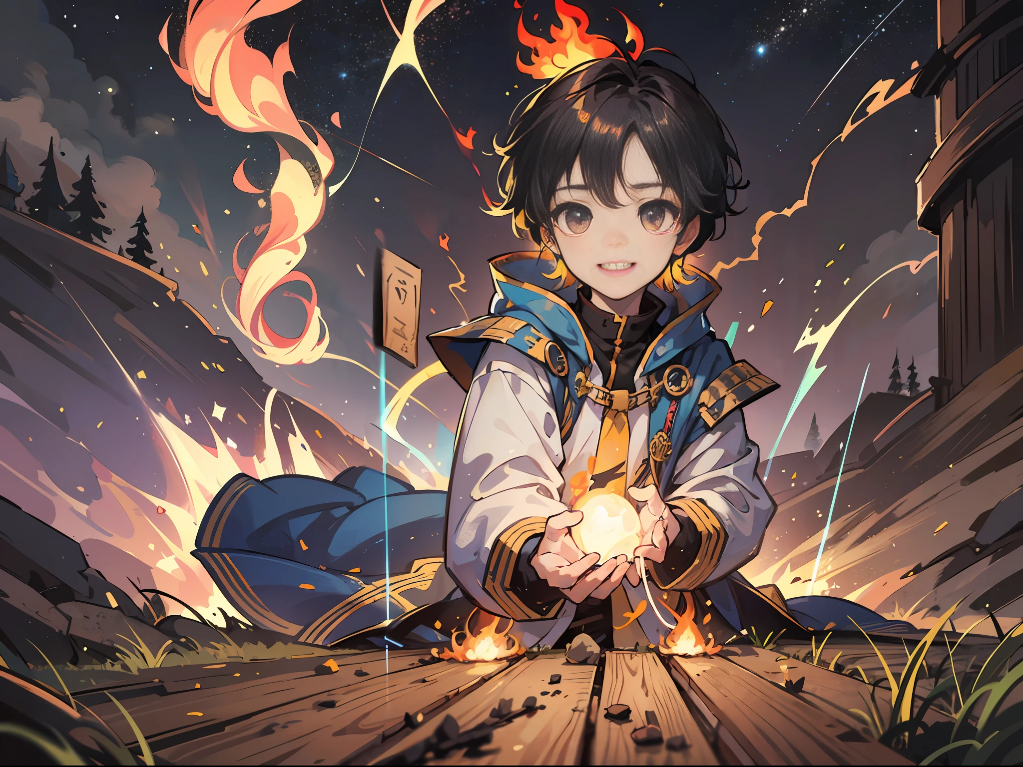 Baby boy, cultivation, cute, smile, flame, aura, coil made on the ground, highlight the background starry sky, carry lightning