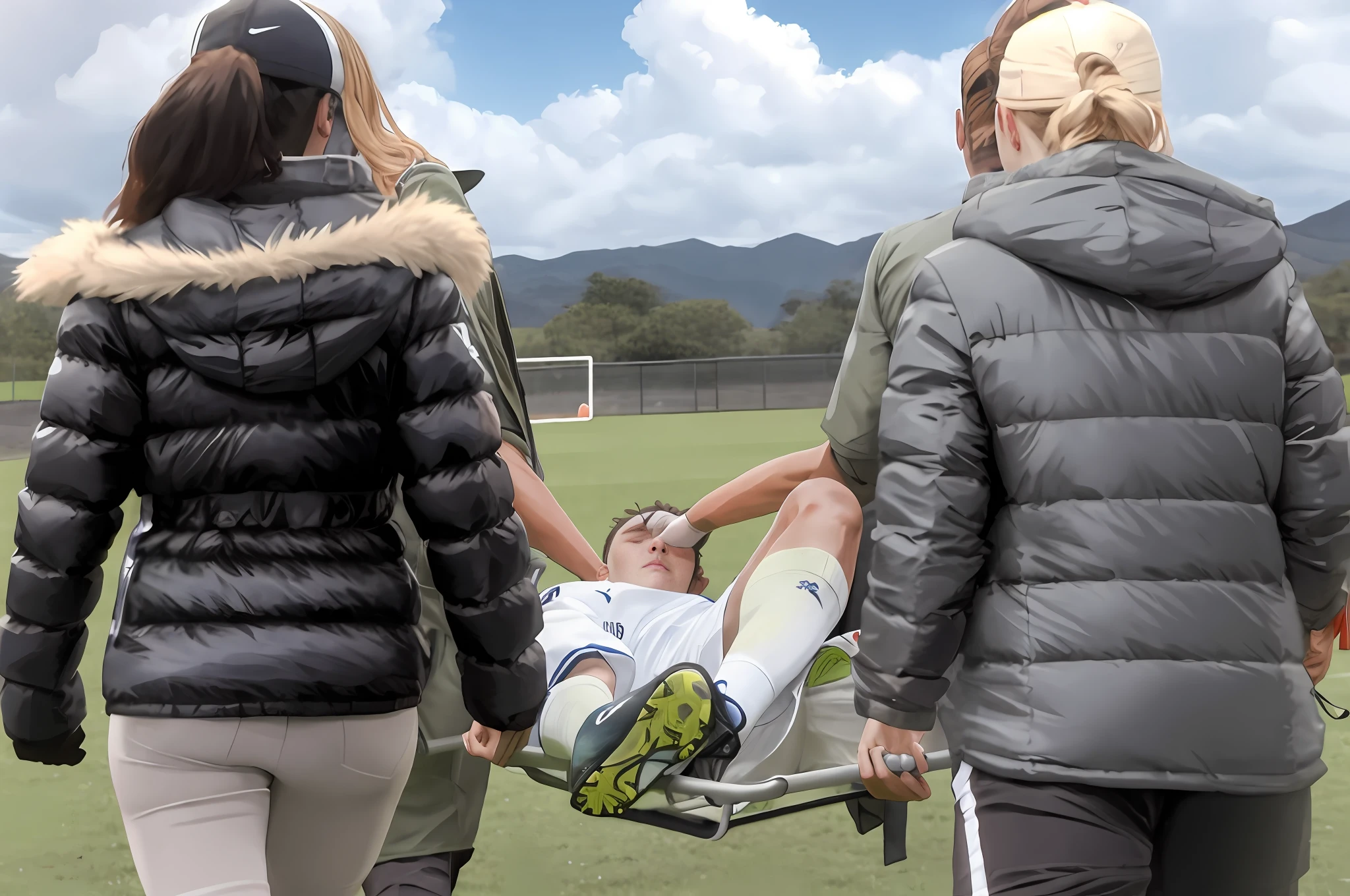 there are four women in shiny jackets that are carrying a stretcher, there is a male footballer lying on the stretcher that is carried by the woman, the footballer is injured and in severe pain, the footballer that is lying on the stretcher has put an arm over his face, the injured footballer on the stretcher has covered his face with his arm, the injured footballer on the stretcher is wearing matte cotton sportswear, all the women that are carrying the stretcher have long hair, the women that are carrying the stretcher have a very female expression, dramatic action pose, intense pity attitude, dramatic help scene, painful scene