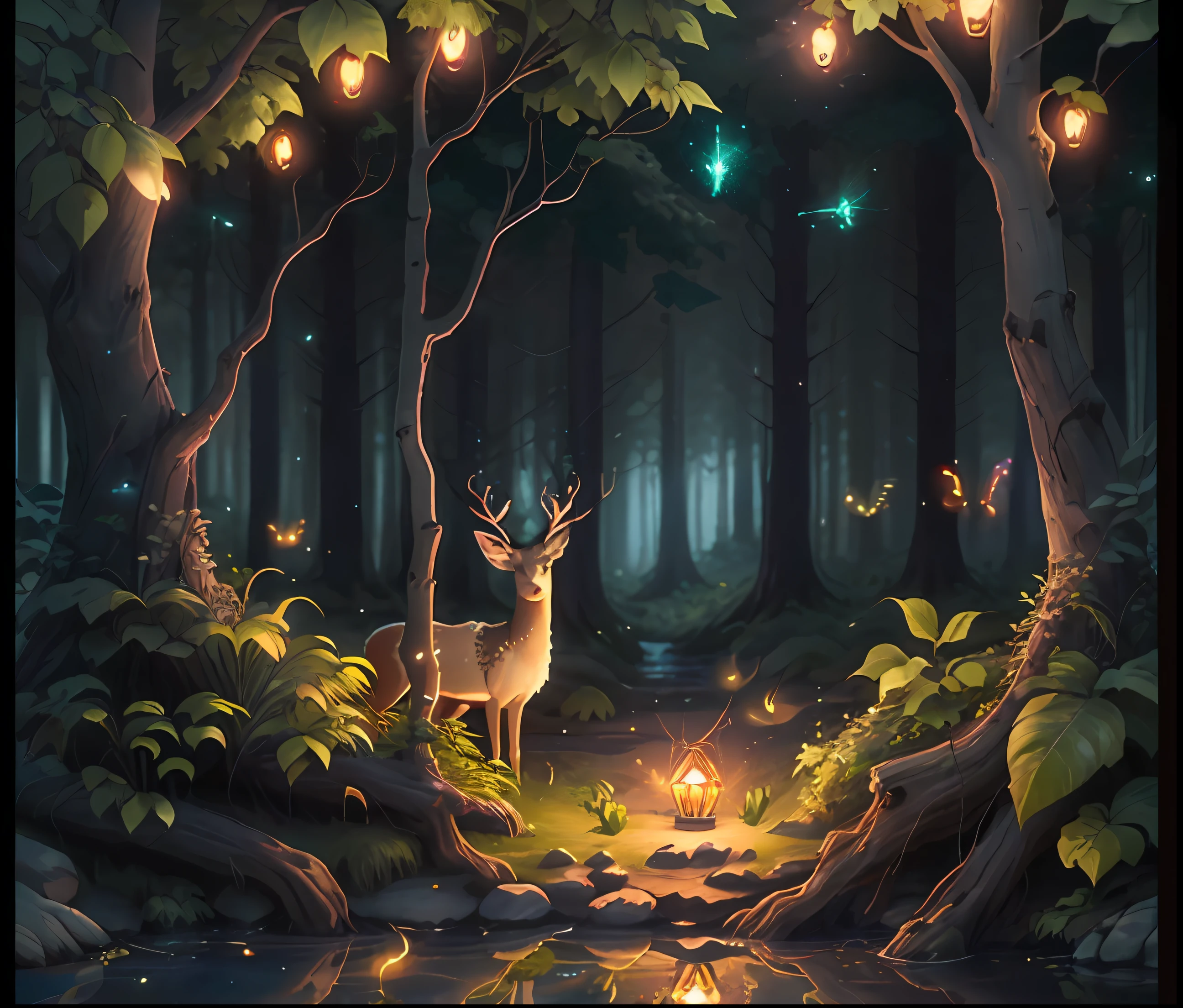 Masterpiece, best quality, (very detailed CG unity 8k wallpaper), (best quality), (best illustration), (best shadows), glow sprite, with a glowing deer, in the swimming pool Drinking water, natural elements in the forest theme. Mysterious forest, beautiful forest, nature, surrounded by flowers, delicate leaves and branches surrounded by fireflies (natural elements), (jungle theme), (leaves), (twigs), (fireflies), (particle effects) etc. 3D , Octane rendering, ray tracing, super detailed