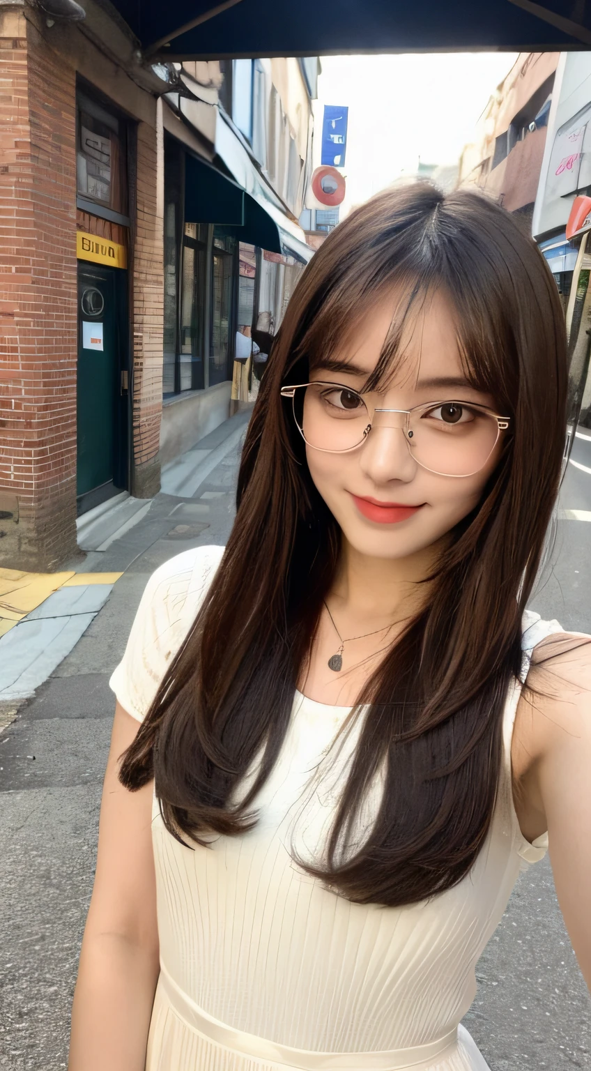 ((Best Quality, 8K, Masterpiece: 1.3)), 1 Girl, Slim Abs Beauty: 1.3, (Hairstyle Casual, Small: 1.2), Dress: 1.1, Super Slender Face, Delicate Eyes, Double Eyelids, Smile, Street, Glasses