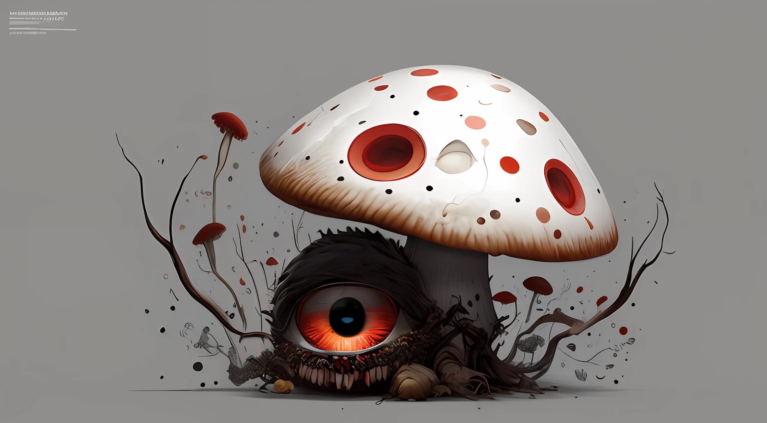 A adorable red capped mushroom white dots cute with a face with one eye , crying mouth and scary teeth" :: white background breathtaking hyperrealistic :: by Android Jones, Jean Baptiste monge, Alberto Seveso, James Jean, Jeremy Mann, insanely detailed professional photography :: masterpiece, 8k resolution concept art trending on Artstation, triadic colors, Unreal Engine 5 cg society octane photograph ultra detailed sharp crisp lines
