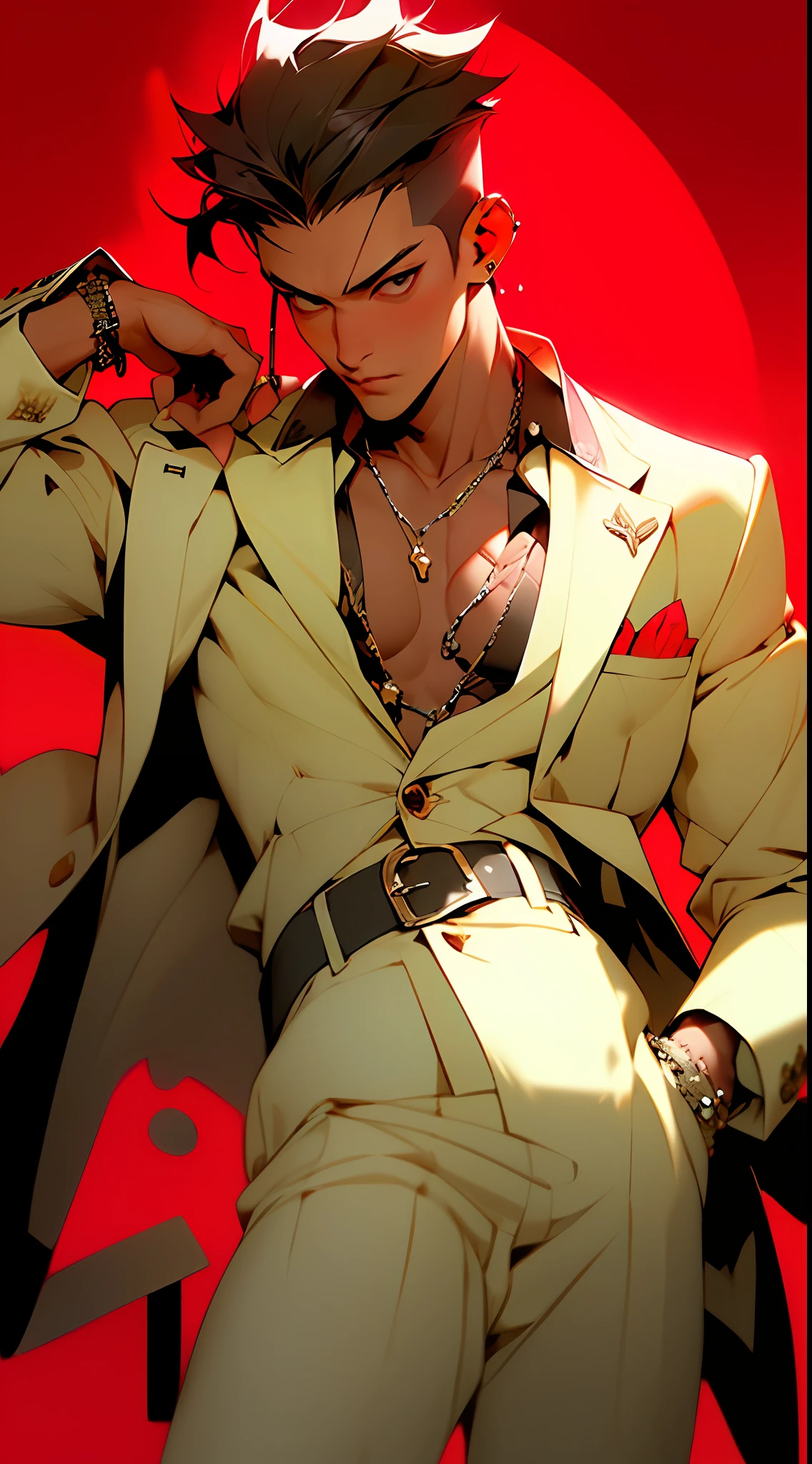 ((Masterpiece, Extreme Quality, Gangster Aesthetics)), 1 Male, Bust, (Ruffian), Shun Oguri (1.5) (Black Nakayama Suit), Dark Red Background, White Skin, Standing, (Masterpiece, Top Quality, Best Quality)