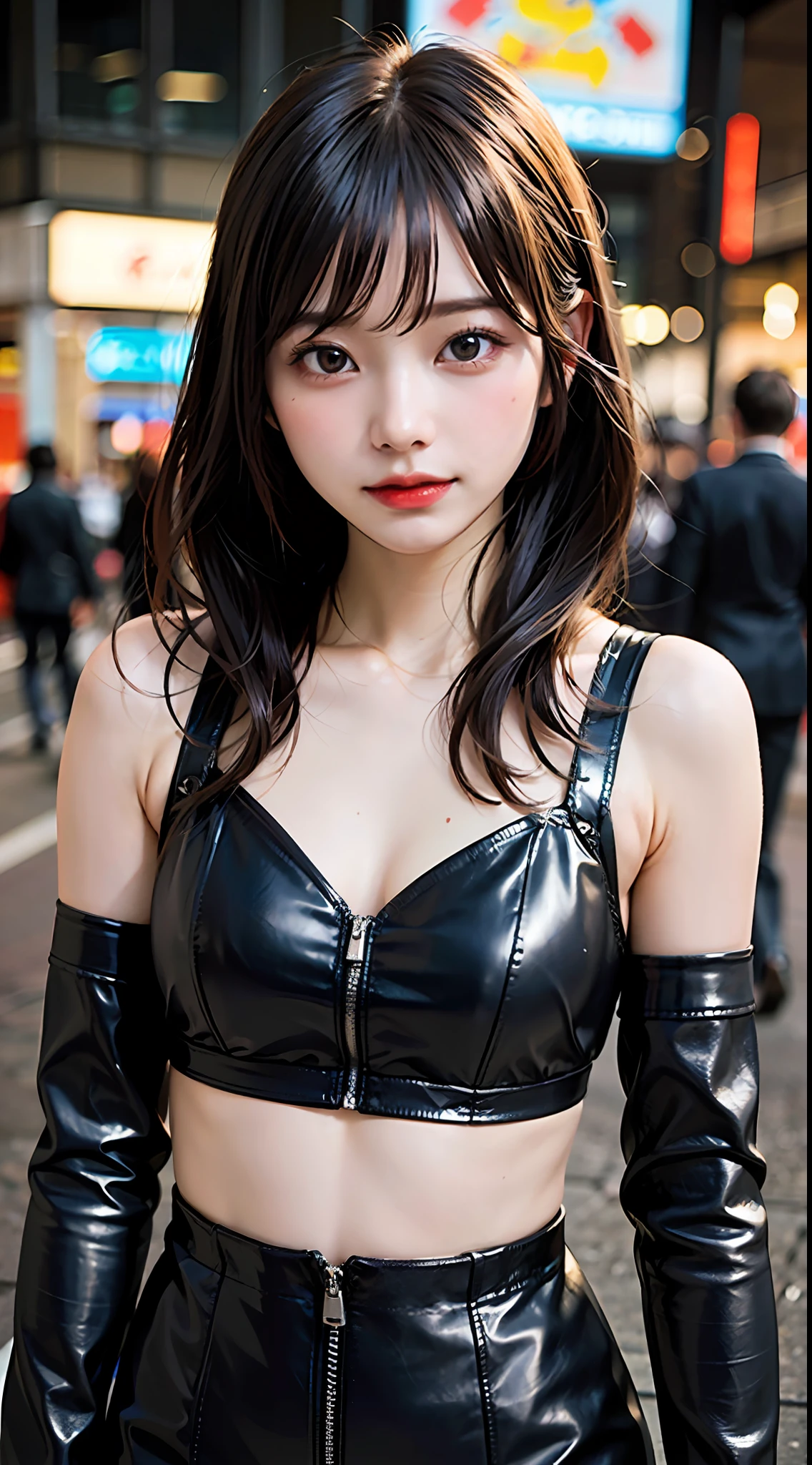 ((Best Quality, 8K, Masterpiece: 1.3)) ((Realistic lighting, top quality, 8K, masterpiece: 1.3)), clear focus: 1.2, 1 girl, perfect body beauty: 1.4, city street, ultra-fine face, narrow eyes, double eyelids, Japan people 15 years old, there is a woman in a black cat suit and mask, (anime girl cosplay: 0.7 + cyberpunk + goth ninja: 0.8 + black leather, leather strap, black leather bra, leather sleeves, 2b:0.8 from Mask + Nier Automata), captivating cyberpunk dark fantasy background, dim rays, dark shadows, metallic glossy streaks, sheer shadows, slow shutter speed effect, canon 8d.f1.5