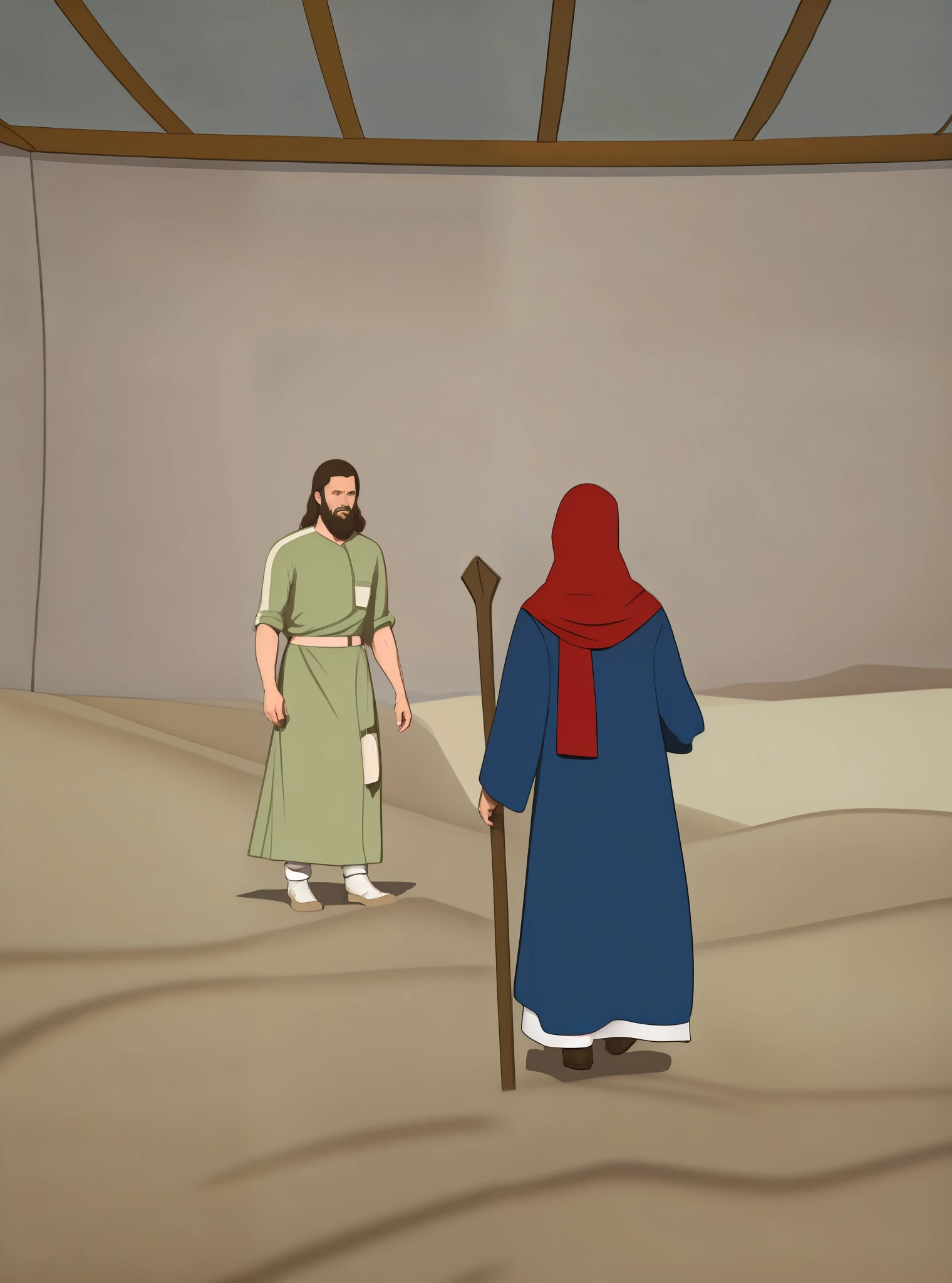 "Two men on a realistic and high-quality 8k journey through the vast expanse of desert mountains."