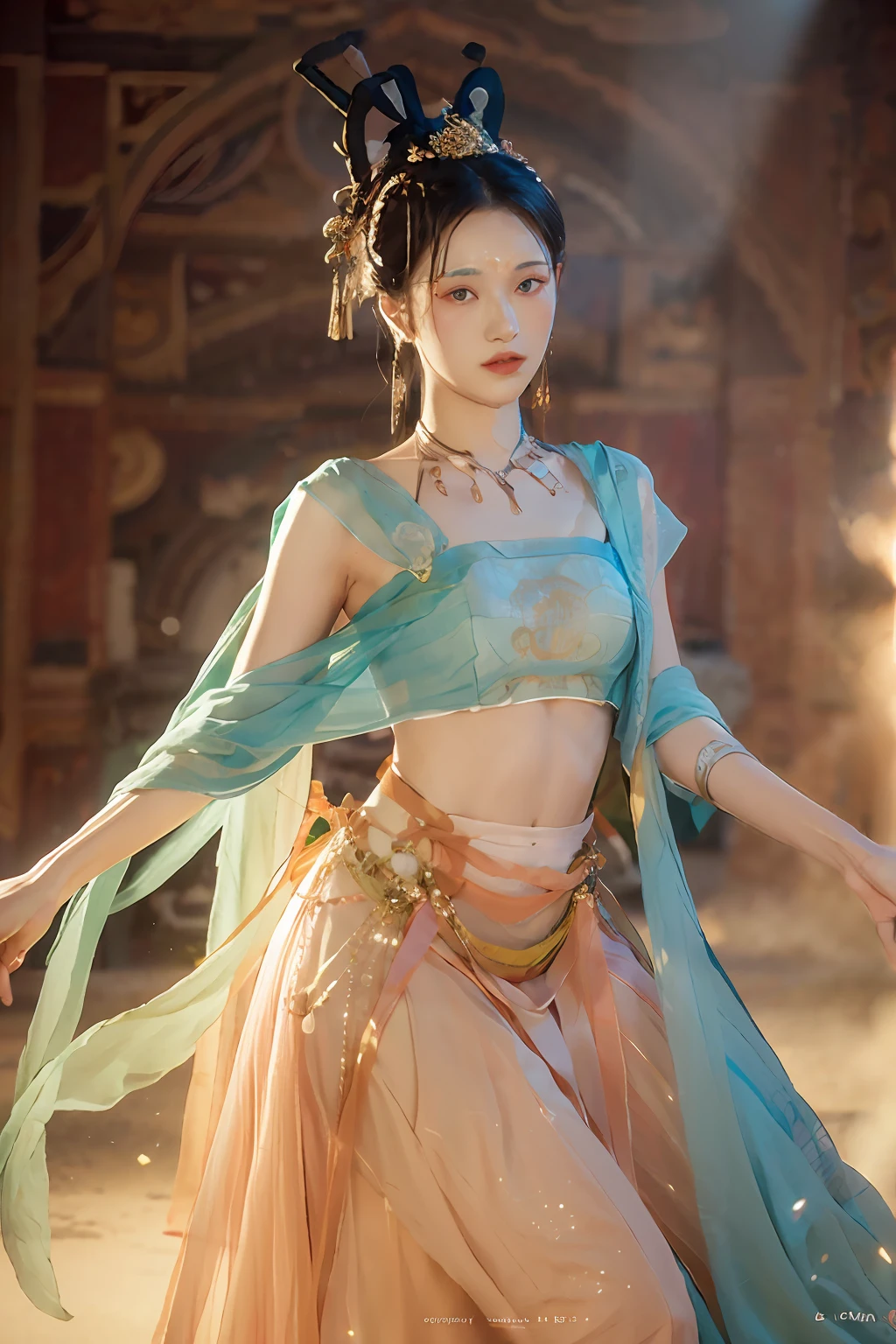 (8k, RAW photo, best quality, masterpiece:1.2), (realistic, photo-realistic:1.4), (extremely detailed CG unity 8k wallpaper), 1 girl solo, dance, dunhuang_dress, dunhuang_style, dunhuang_background,