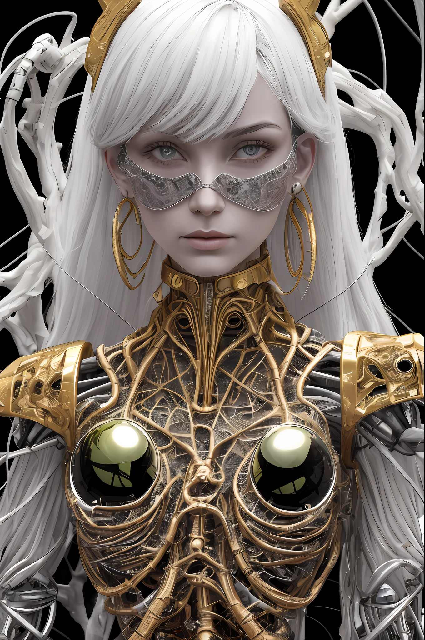 The stunning death angel’s intricate body poses are accentuated by a biomechanical cyborg aesthetic captured with an analog 150mm lens, enhanced by a soft natural rim light and neon (gold and silver) veins. The roots and fine foliage lace adds to the beautiful detail, complementing the colorful intricacies of the Boris Bidjan Saberi outfit, pearl earrings, and art nouveau fashion embroidery. Mesh wires and mandelbrot fractals intertwine with facial muscles, cable wires, and microchips, creating a badass hyper-realistic visual. The ultra-detailed render is brought to life with volumetric lighting and an 8k post-production, showcasing the red and white hues with a touch of black. Detailed metallic bones and iridescent colors add a Glenn Brown-style to the semi-human appearance, set in a futuristic room, embodying the power of the gods with a high-angle shot. The complex 3D render is ultra-detailed, making it a masterpiece in its own right.