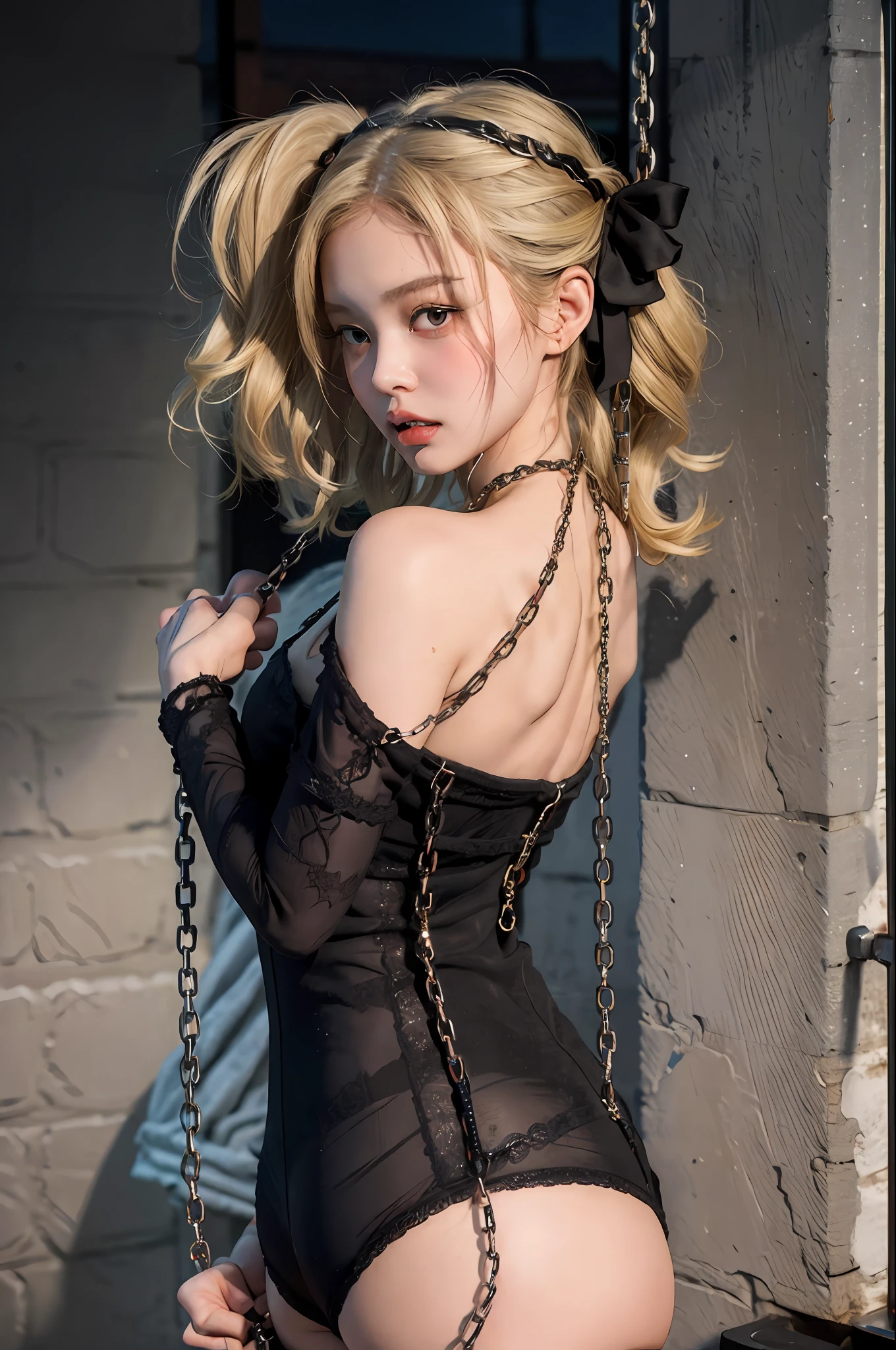 jennie, a finnish blond girl, oily skin, (chained shibari:1.2), submissive, hanged up, hands apart, hands up, perfect ass, arched back, ([lookback : look over shoulder : 15]:1.6), (dark shot:1.2), twintails, (intricate details:1.12), (intricate details, hyperdetailed:1.15), hdr, dungeon, (at night:1.2), fireplace, warm light, dramatic light, cinematic, (closeup:1.2), bondage, bdsm, bdsm dungeon, pervert, restraint, bound, tied up, restrained arms, restrained hands, fully restrained, restrained body, bound with chains, bound hands, blonde hair, open mouth, slight smile, blushing, himiko toga, bdsm outfit, vampire teeth, hardcore bdsm