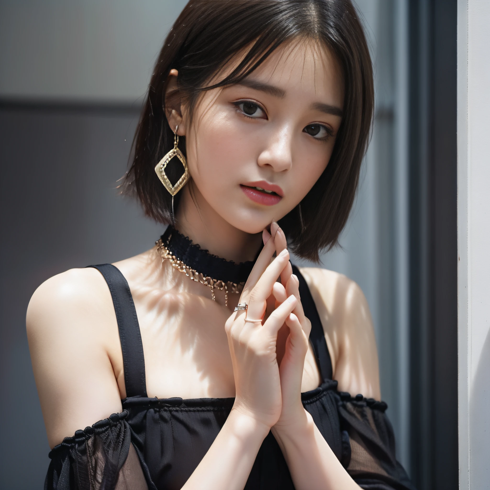 Solo, Real, 1 Girl, earrings, jewelry, black hair, looking at audience, short hair, black eyes, hands together, upper body, lips, bangs,