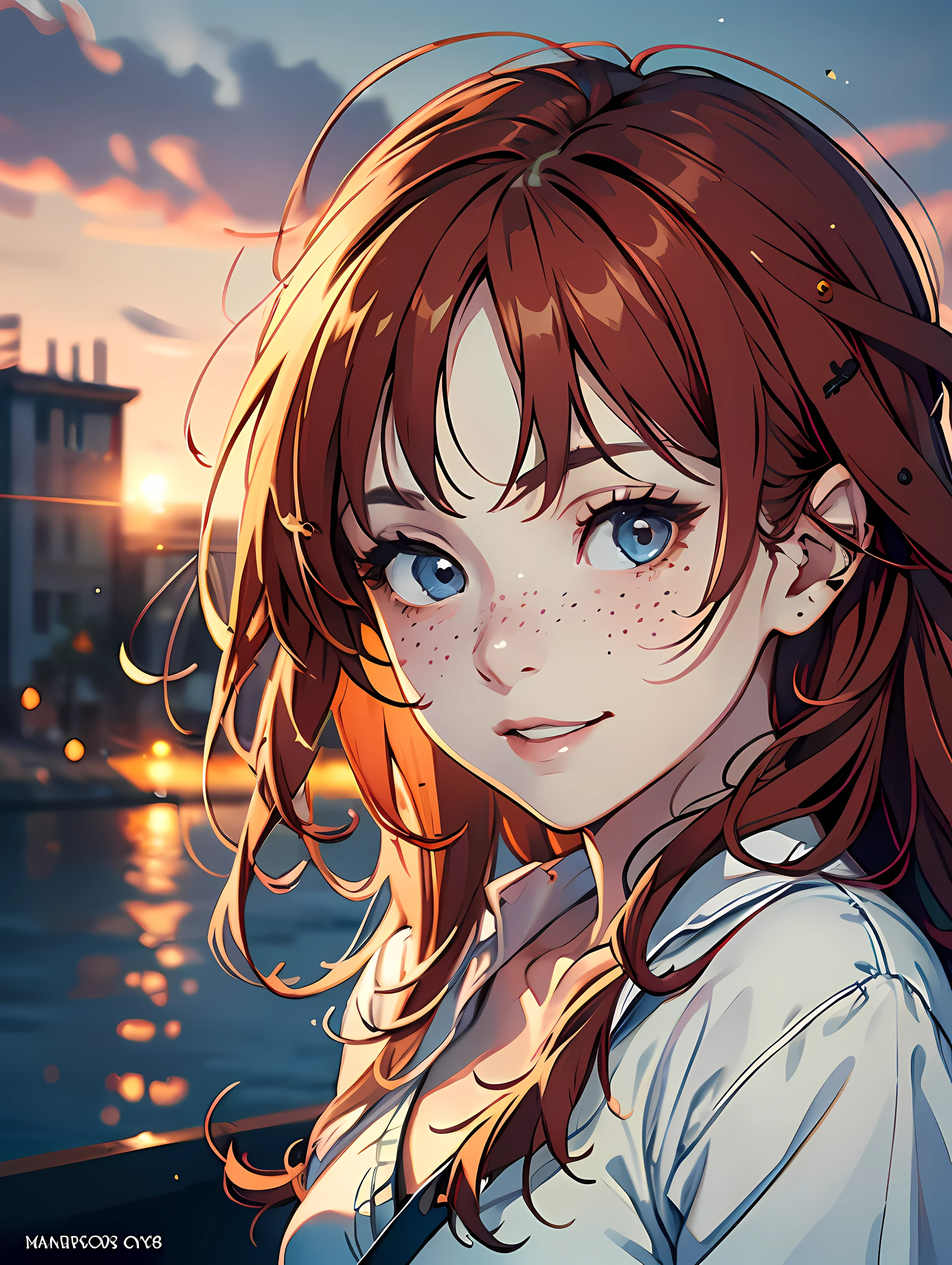 best quality, masterpiece, 1girl, red hair, small chest, detailed eyes, white clothes, slightly smiling, long hair, upper body, (grin:0,6), freckles, strong wind, afternoon, sunset, (an extremely delicate and beautiful),(Beautiful and detailed eye description), ultra-detailed,masterpiece,)), (((masterpiece),(extremely detailed CG unity 8k wallpaper),best quality