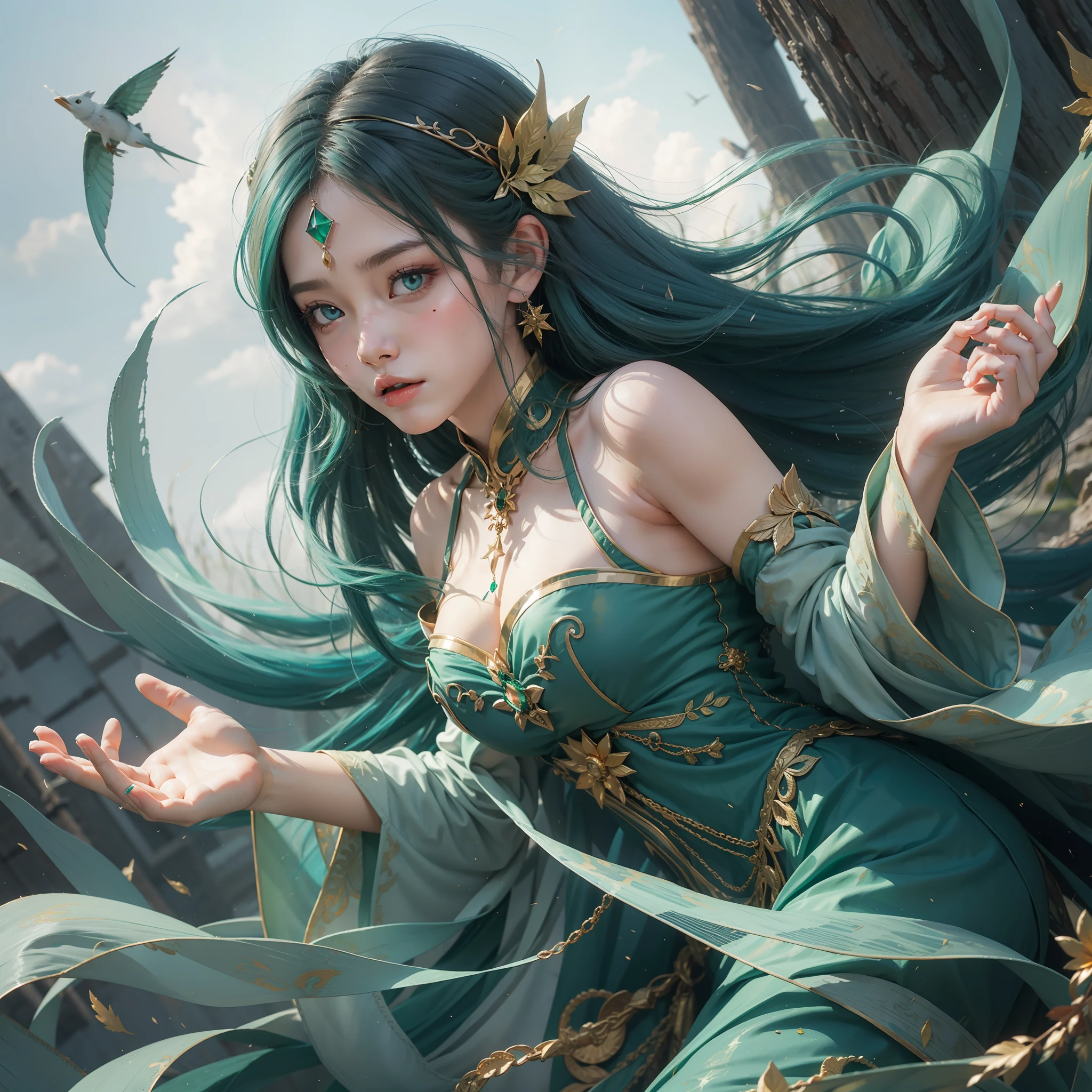 wind spirit, emerald hair, emerald eyes, emerald dress