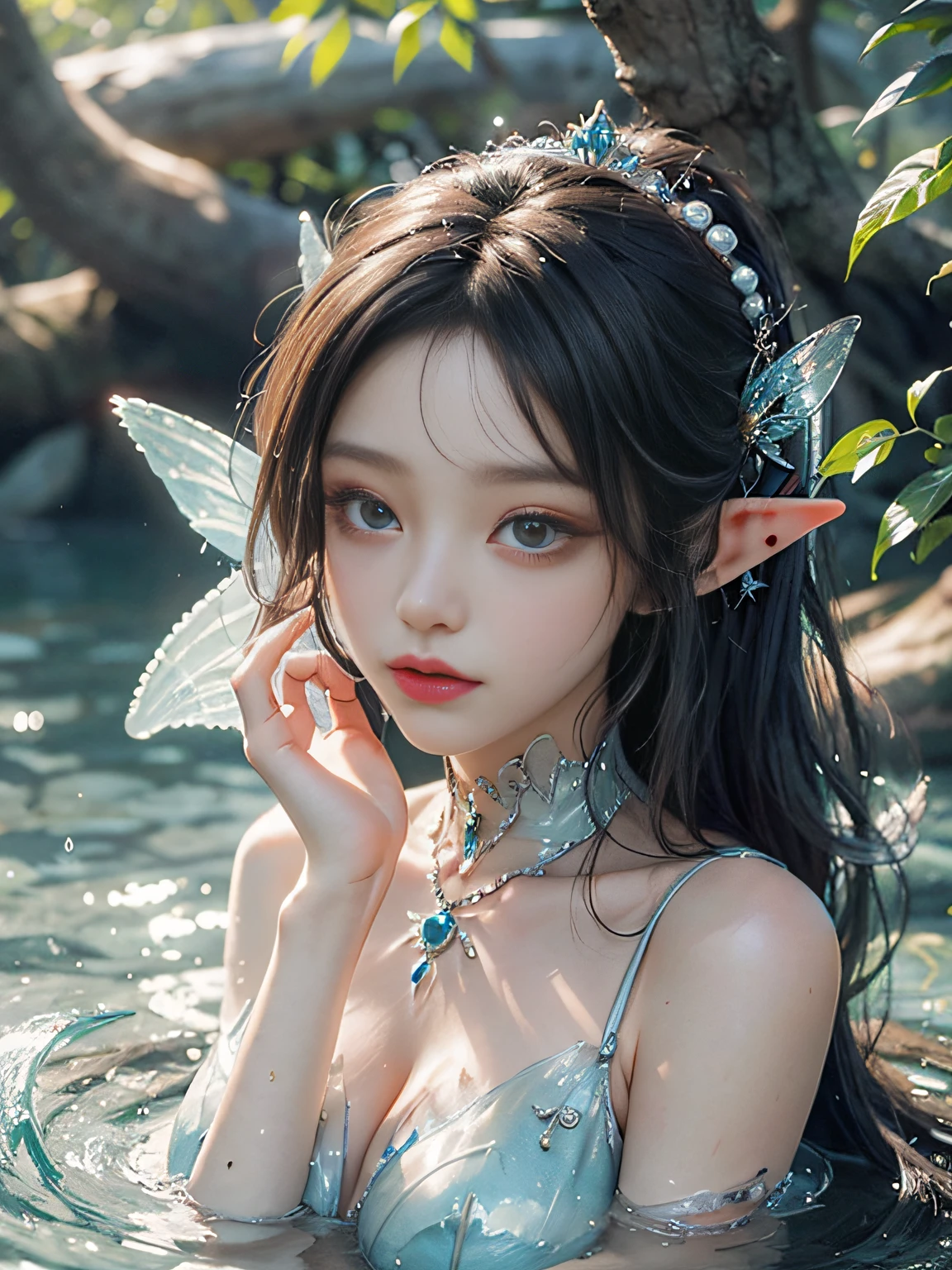 Faltain, Best Quality, Lighting, Mermaid, Sea, Stone Pill, Elf, Mussel Pearl in Hand, Fairy Costume, Water Fairy, Close-up Fantasy & Water Magic, Ethereal Fantasy, Fairy Tale Aesthetics, Astral Fairy, Beautiful and Elegant Elf Queen, Ethereal Fairy Tale, Beautiful Ancient Frost Witch, Fantasy Aesthetics! , fairy tale core, anime cosplay, ethereal beauty, fantasy art style, anime girl cosplay, ethereal fantasy, beautiful fairy