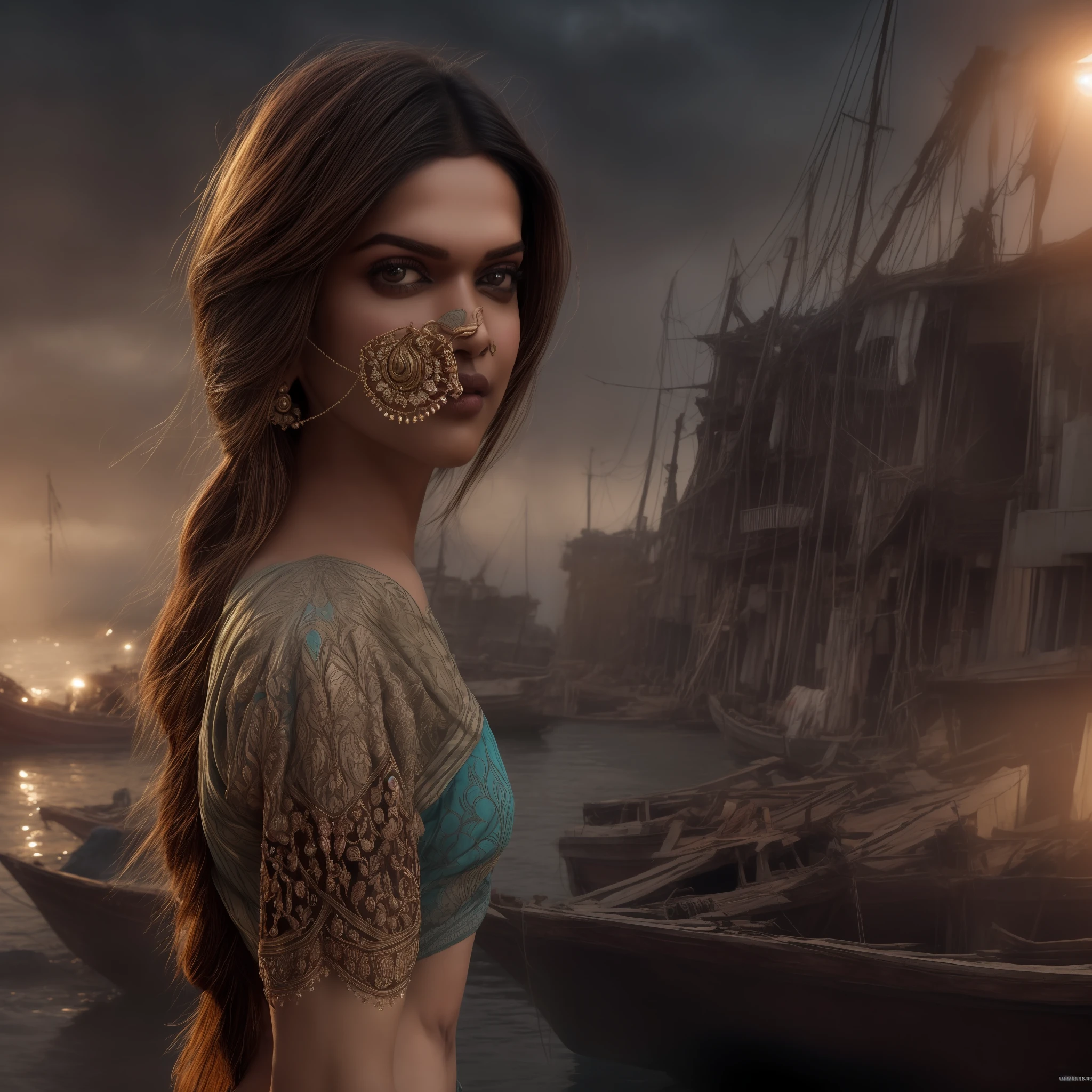 Indian Bollywood actress deepika padukone in the style of nocturne, dreamy atmosphere, dark cyan and red, i can't believe how beautiful this is, serene atmosphere, piles/stacks, flickering light, epic realistic, broken old boat in big storm, illustrated by herg, style of tin tin comics, pen and ink,art by greg rutkowski and artgerm, soft cinematic light,hdr, intricate, highly detailed, (depth of field:1.4), faded, (neutral colors:1.2), (hdr:1.4), (muted colors:1.2), hyperdetailed, (artstation:1.4), cinematic, warm lights, dramatic light, (intricate details:1.1), complex background, (rutkowski:0.66), (teal and orange:0.4), (intricate details:1.12), hdr, (intricate details, hyperdetailed:1.15) (skin texture:1.2)