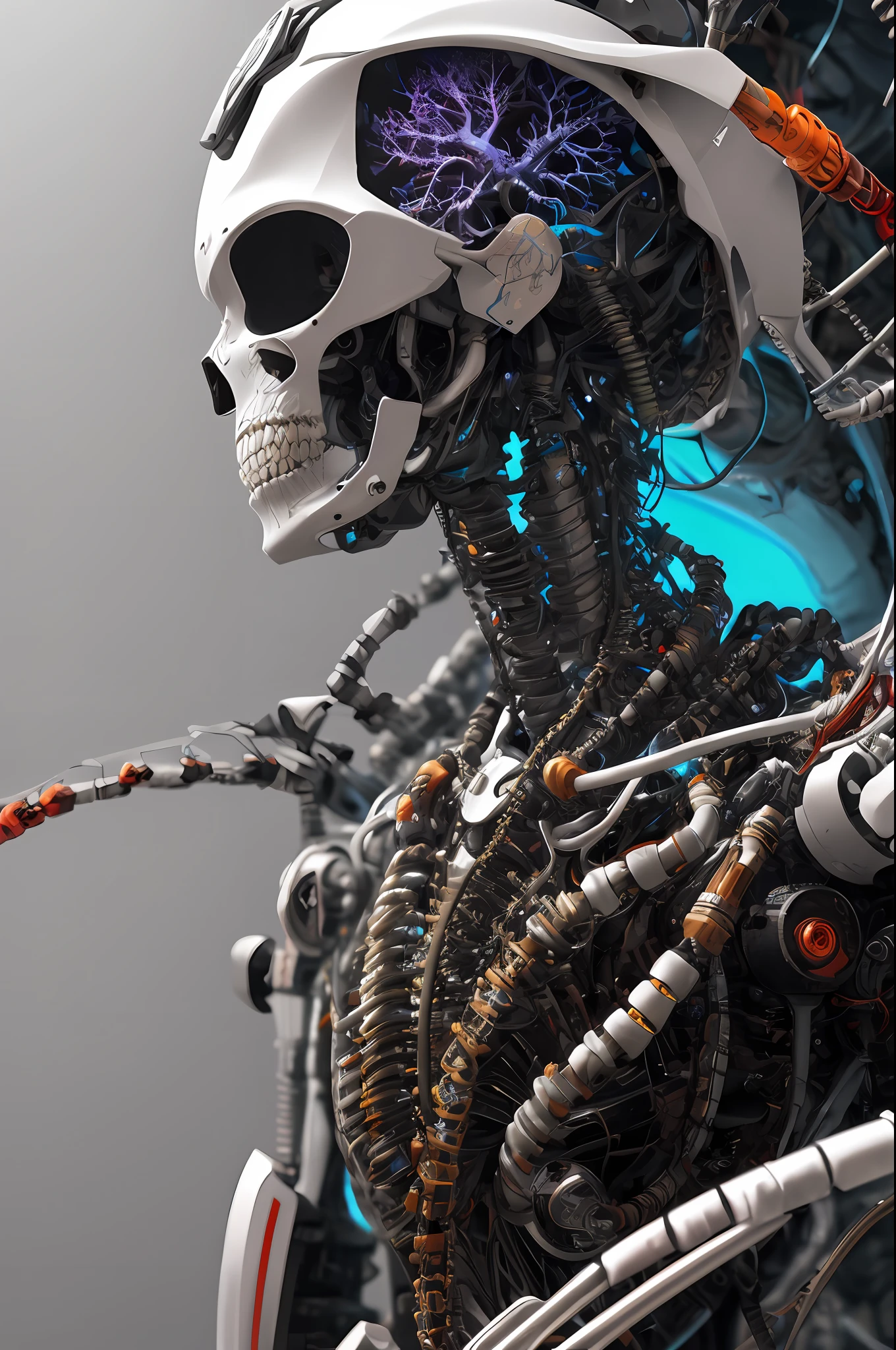 complex 3d render ultra detailed beautiful death angel, biomechanical cyborg, analog 150 mm lens, beautiful natural soft rim light, neon vein, roots, fine foliage lace, colorful details, Boris Bidjan Saberi outfit, pearl earrings, piercing, art nouveau fashion embroidered, intricate details, mesh wire, mandelbrot fractal, facial muscles, cable wires, microchip, badass, hyper realistic, ultra detailed, octane render, volumetric lighting, 8k post-production, red and white with a bit of black, detailled metalic bones, semi human, iridescent colors, Glenn Brown style, futuristic room, power of the god, high-angle shot, complex body poses