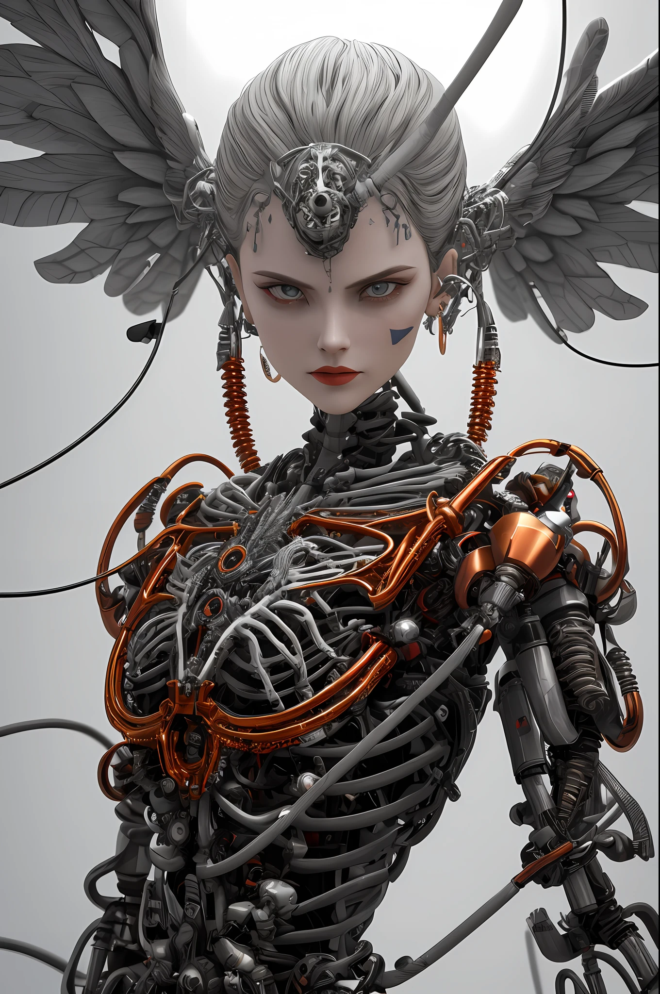 complex 3d render ultra detailed beautiful death angel, biomechanical cyborg, analog 150 mm lens, beautiful natural soft rim light, neon vein, roots, fine foliage lace, colorful details, Boris Bidjan Saberi outfit, pearl earrings, piercing, art nouveau fashion embroidered, intricate details, mesh wire, mandelbrot fractal, facial muscles, cable wires, microchip, badass, hyper realistic, ultra detailed, octane render, volumetric lighting, 8k post-production, red and white with a bit of black, detailled metalic bones, semi human, iridescent colors, Glenn Brown style, futuristic room, power of the god, high-angle shot, complex body poses