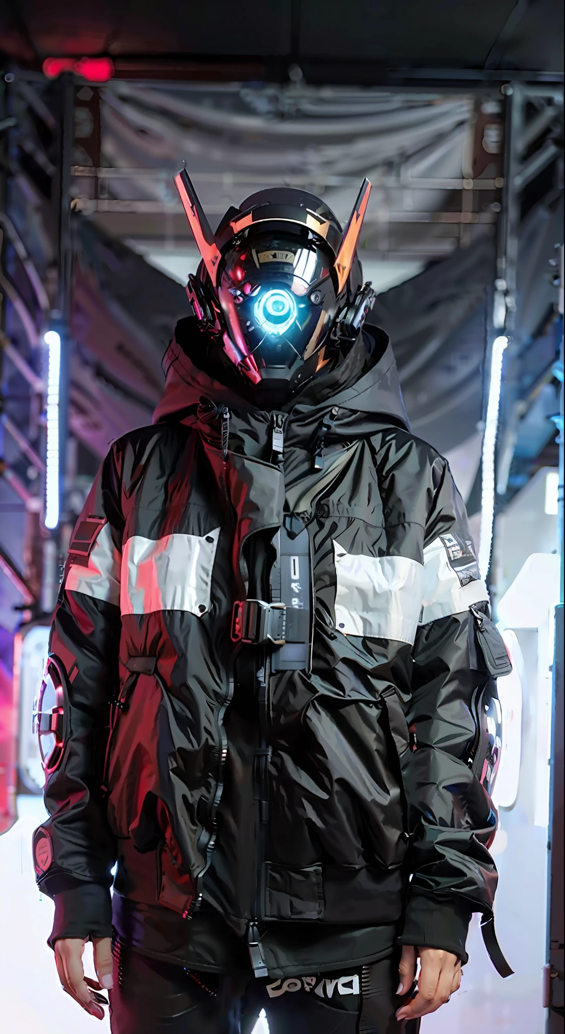 Masterpiece, best quality, a close-up of a futuristic-looking cyborg girl with a fantastic cyberhelmet head with golden triangular colorfull LED lights and a halo, dressed in a black Techwear jacket, full body white background,