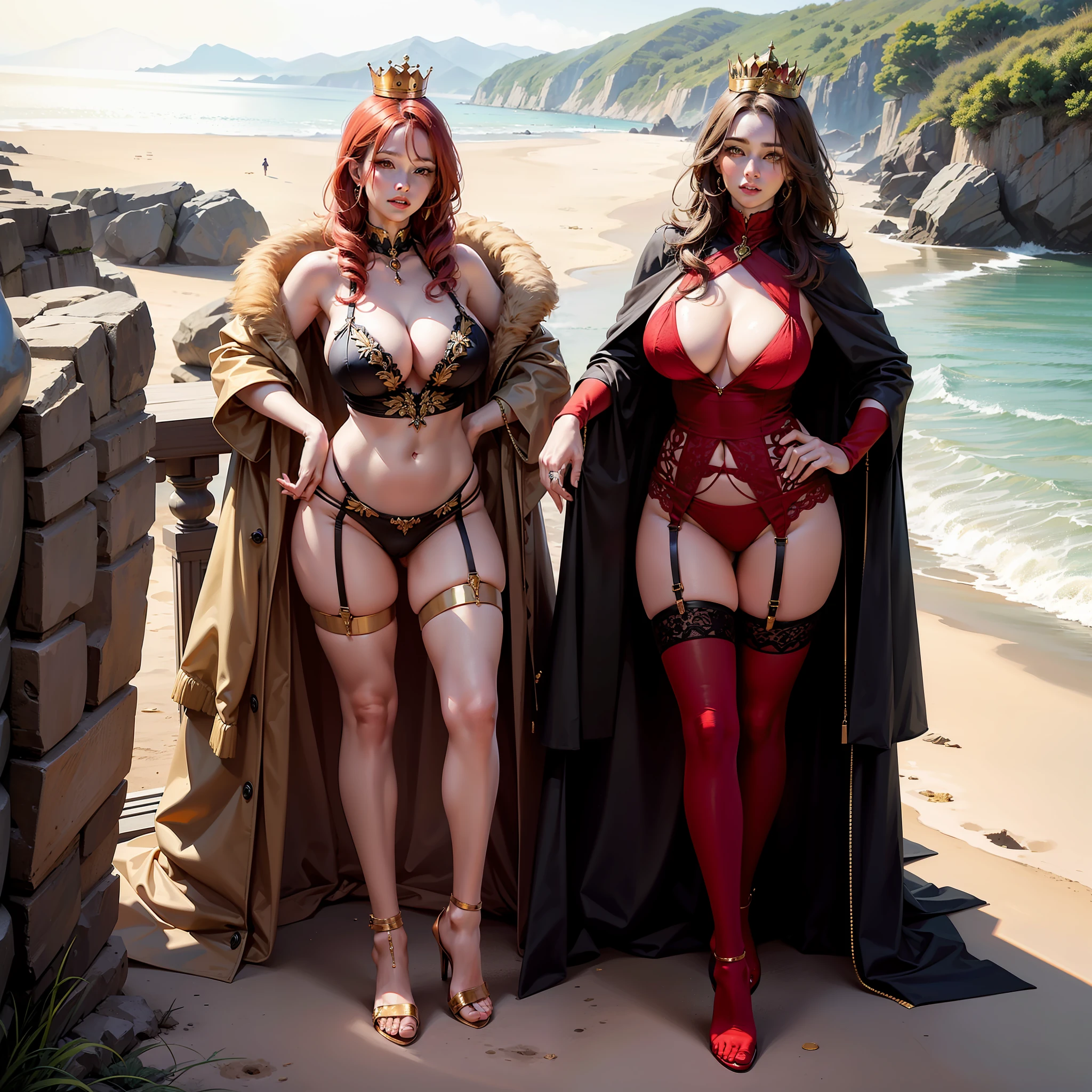 High resolution, beach scene, Full body, 40 years old , Redhead, yellow eyes, big xy extreme, (-through), see-through costume, red stockings, red garter belt, golden crown