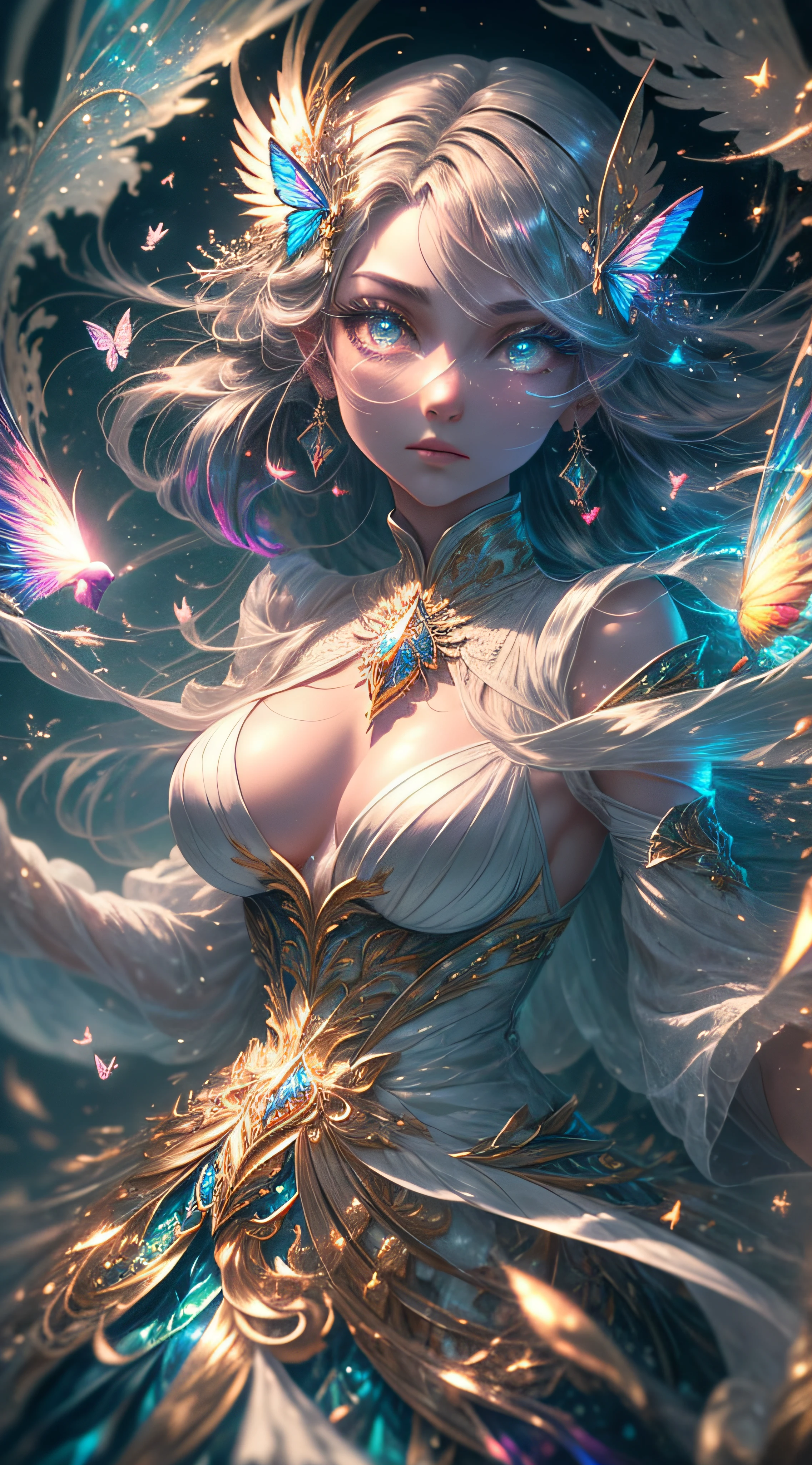 (((masterpiece))), (((best quality))), ((ultra-detailed)),(highly detailed CG illustration), ((an extremely delicate and beautiful)),cinematic light, Create a stunning fantasy artwork that mimics the style of currently trending masters of the genre. The art piece should contain elements of both mythic fantasy and fairytale fantasy with colorful accents. The character in the artwork is a delicate but strong figure with an aura of mystery and magic. The character should be petite with subtle breasts. Pay close attention to intricate facial features, such as mesmerizing eyes with vibrant colors and delicate shading. The character's clothing should be designed with gossamer feathers, silk, stunning embroidery, and subtle iridescent details. Incorporate vibrant colors, dynamic lighting, and detailed background elements to create a sense of awe and immersion. Include colorful flying magical birds and jewel-toned butterflies radiating a magical aura. Consider the latest trends in fantasy art, such as incorporating unique lighting effects, exploring dynamic and compelling composition techniques, and experimenting with unique color palettes. Take inspiration from the top artists on ArtStation and Midjourney. Camera: Choose an angle that highlights the character's beauty and enhances the magical majesty of the artwork. Lighting: Utilize atmospheric lighting techniques to create depth and mood. Resolution: Aim for a high-resolution artwork to showcase intricate details and clarity. Art Inspirations: Seek inspiration from the trending artists on ArtStation, exploring different styles, genres, and themes.
